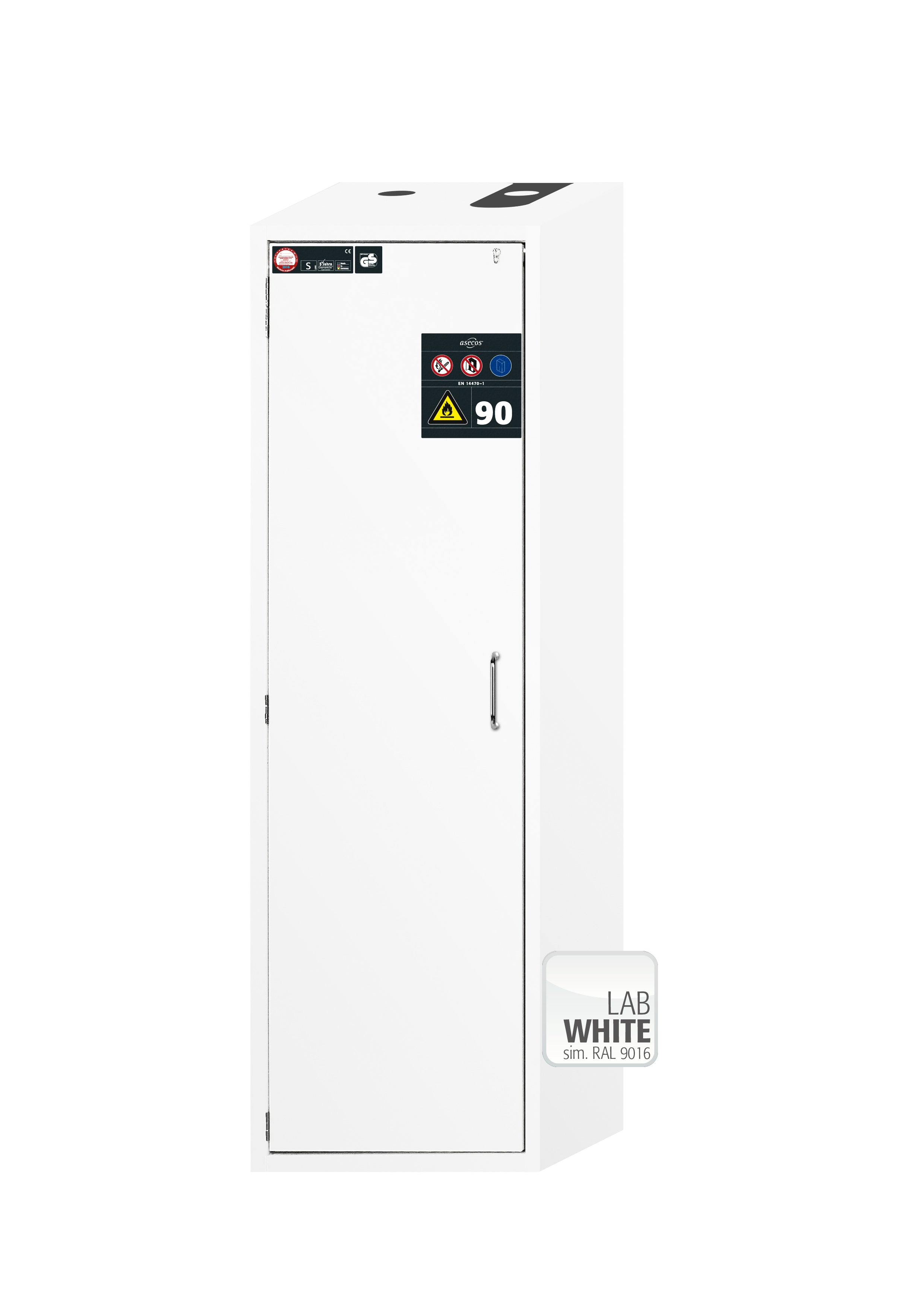 Armoire de sécurité type 90 S-CLASSIC-90 modèle S90.196.060.WDAS en blanc de laboratoire (similaire à RAL 9016) avec 6 plateaux coulissants standard (tôle d'acier)