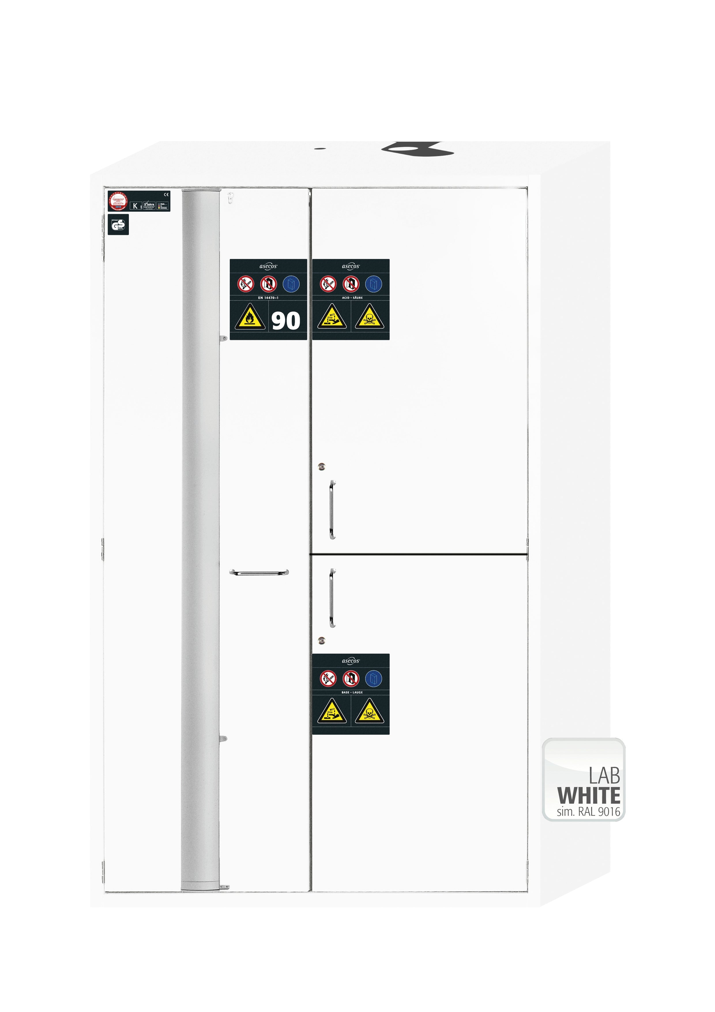 Type 90 combination safety cabinet K-PHOENIX Vol.2-90 model K90.196.120.MF.FWAC in laboratory white (similar to RAL 9016) with 6x standard pull-out tray (stainless steel 1.4301)