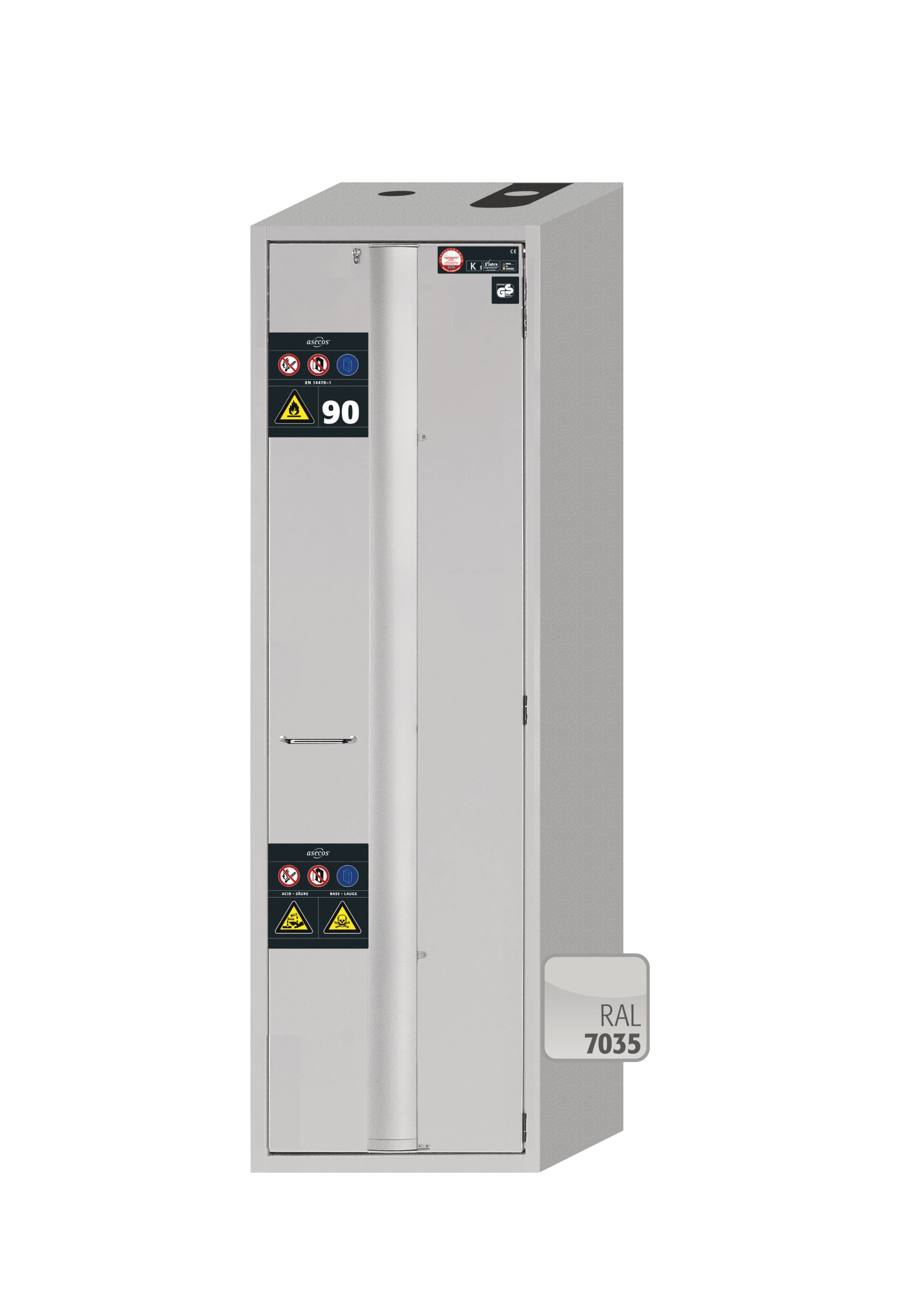 Typ 90 Sicherheitsschrank S-PHOENIX-90 Modell S90.196.060.MH.FDASR in lichtgrau RAL 7035 mit 3x Auszugswanne Standard (Stahlblech)