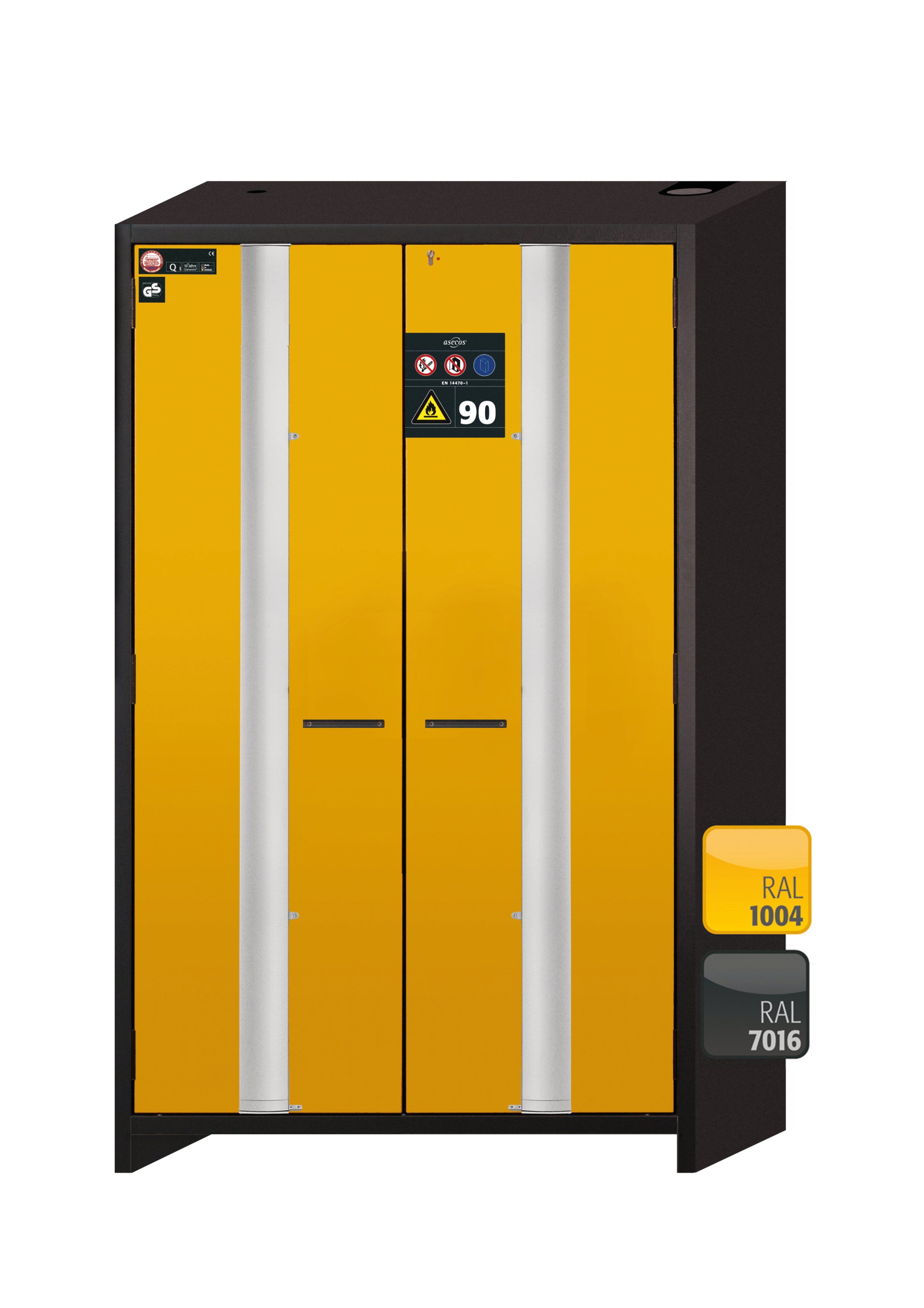 Type 90 safety cabinet Q-PHOENIX-90 model Q90.195.120.FD in safety yellow RAL 1004 with 5x standard pull-out tray (sheet steel)