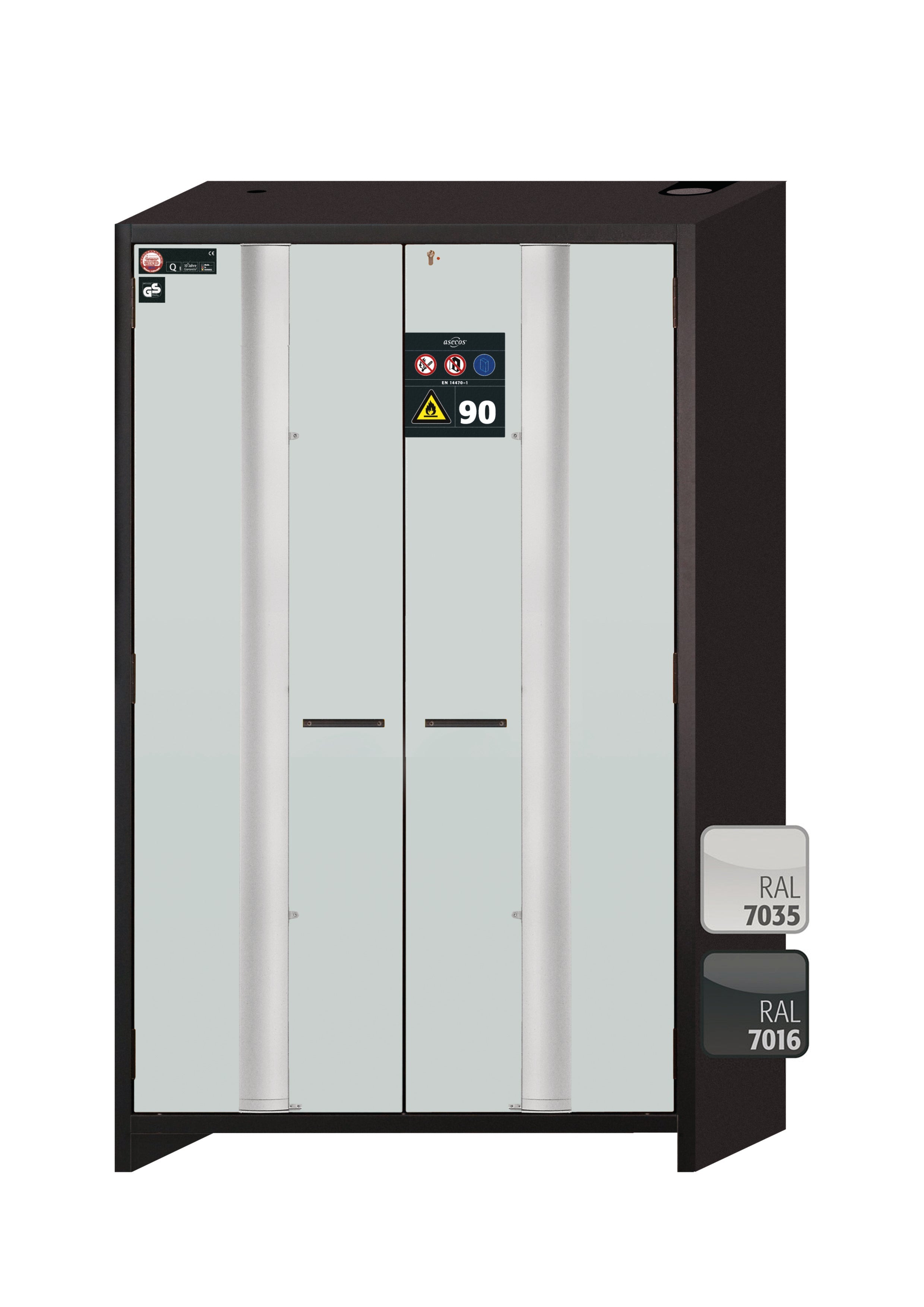 Type 90 safety cabinet Q-PHOENIX-90 model Q90.195.120.FD in light gray RAL 7035 with 5x standard pull-out tray (sheet steel)