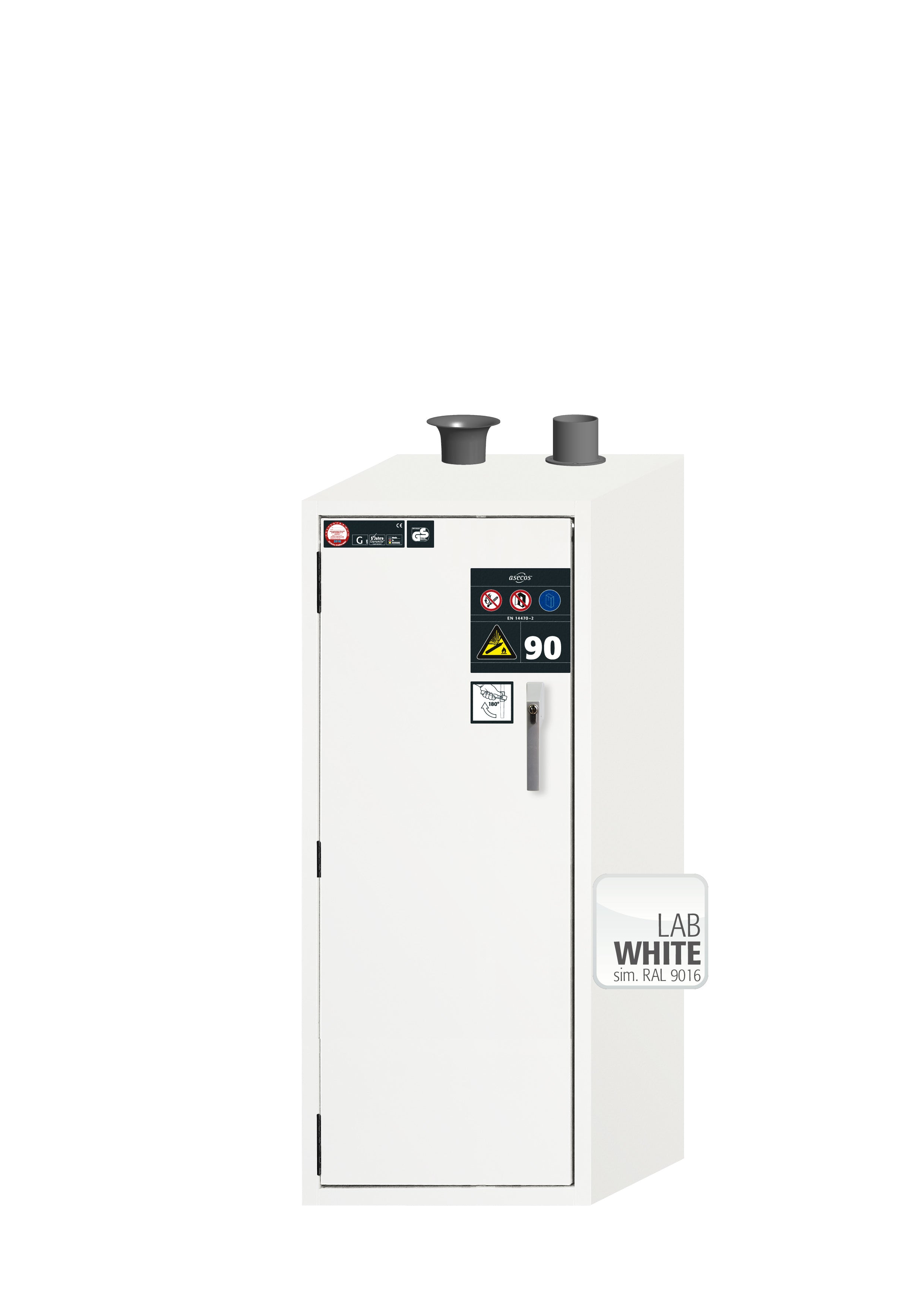Type 90 compressed gas bottle cabinet G-ULTIMATE-90 model G90.145.060 in laboratory white (similar to RAL 9016) with for 2x compressed gas bottles of 10 liters each
