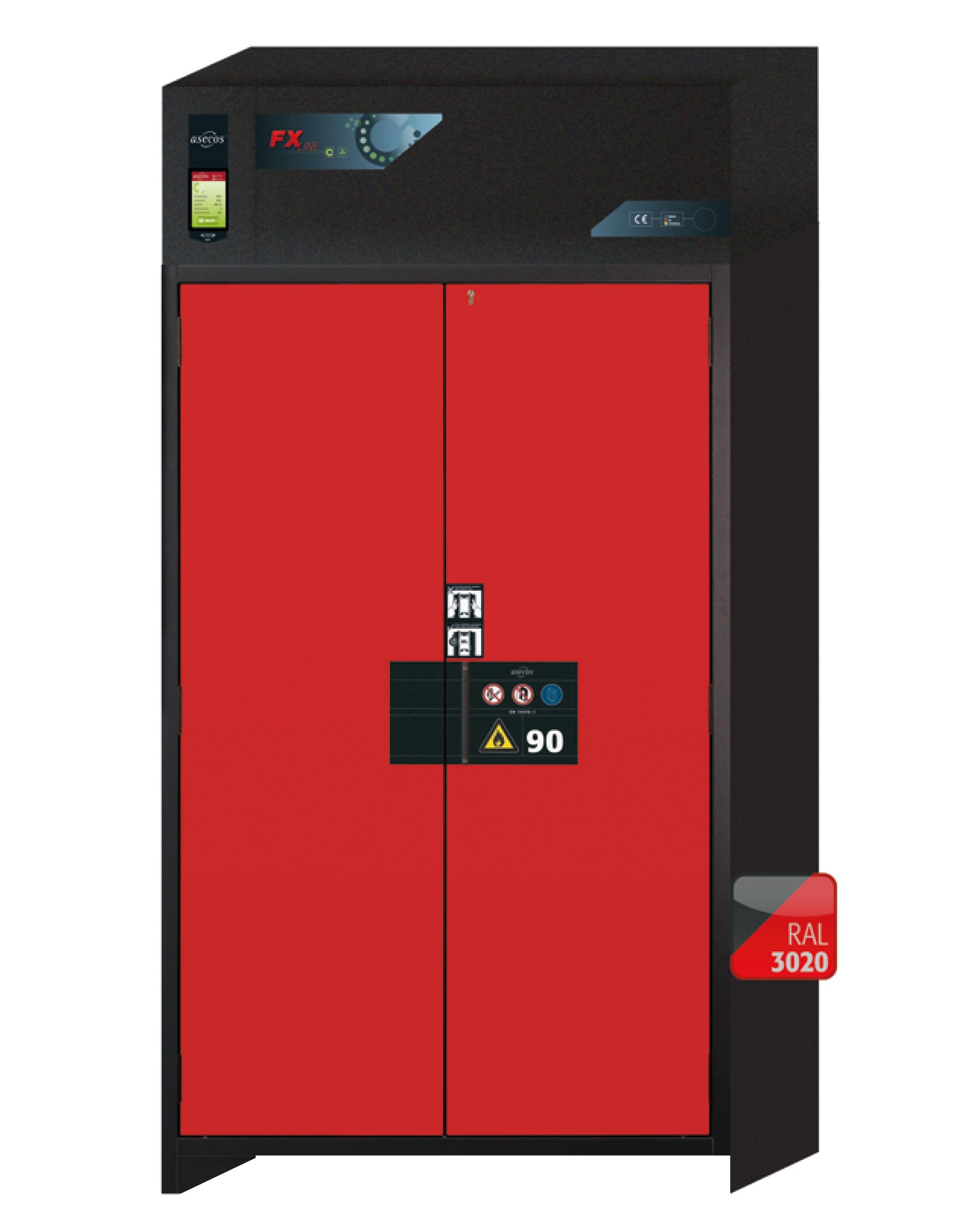Armoire de filtration d'air recyclé type 90 FX-PEGASUS-90 modèle FX90.229.120.WDAC en rouge signalisation RAL 3020 avec 5 plateaux coulissants standard (acier inoxydable 1.4301)