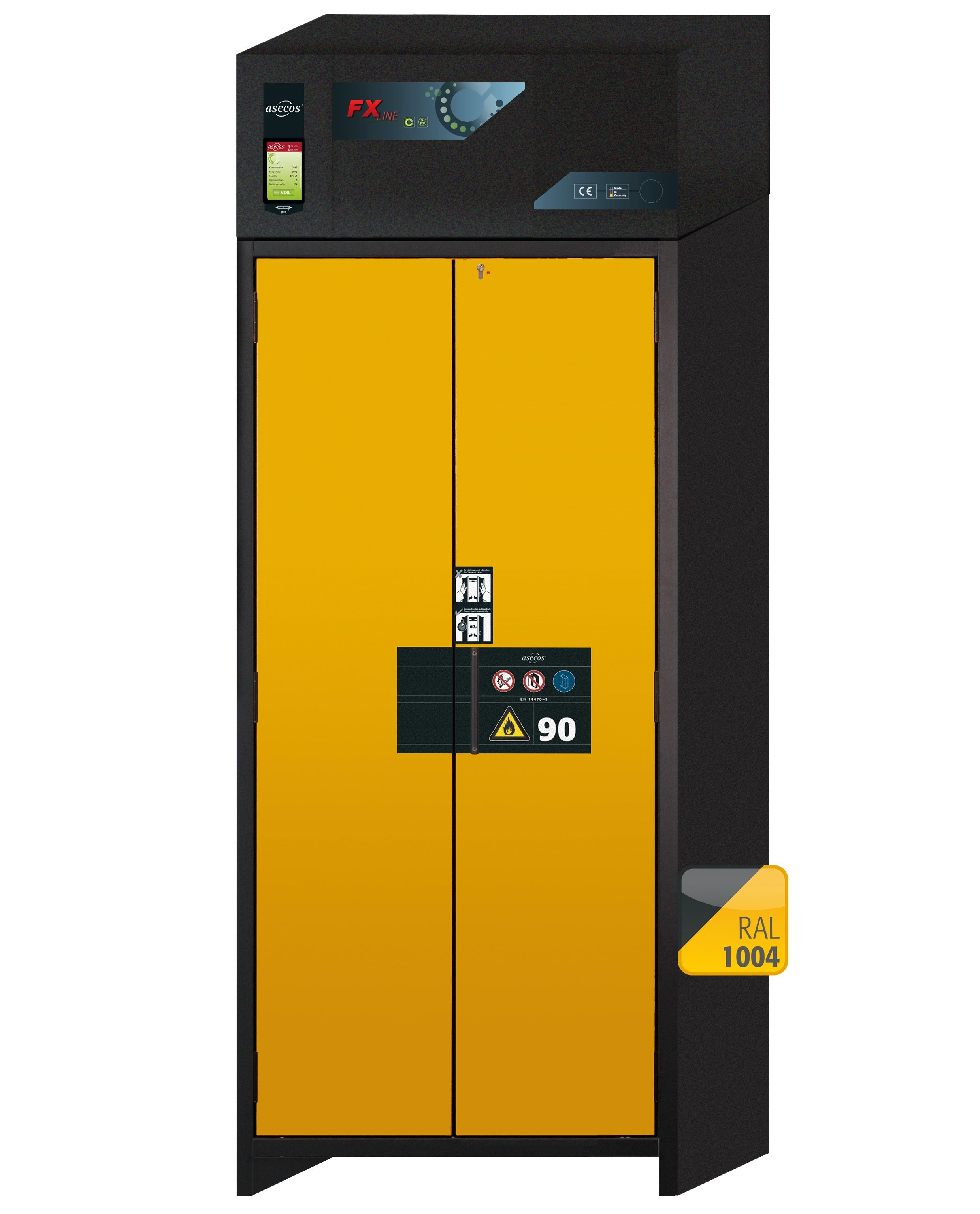 Armoire de filtration d'air recyclé type 90 FX-PEGASUS-90 modèle FX90.229.090.WDAC en jaune de sécurité RAL 1004 avec 5x plateaux coulissants standard (tôle d'acier)