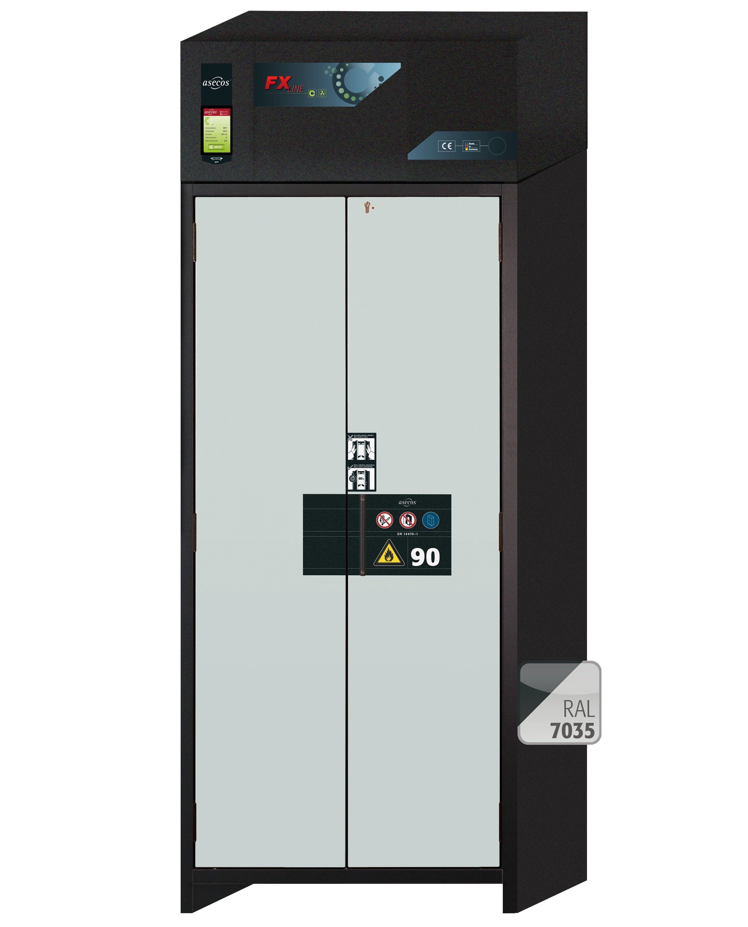 Typ 90 Umluftfilterschrank FX-PEGASUS-90 Modell FX90.229.090.WDAC in lichtgrau RAL 7035 mit 3x Fachboden Standard (Edelstahl 1.4301)