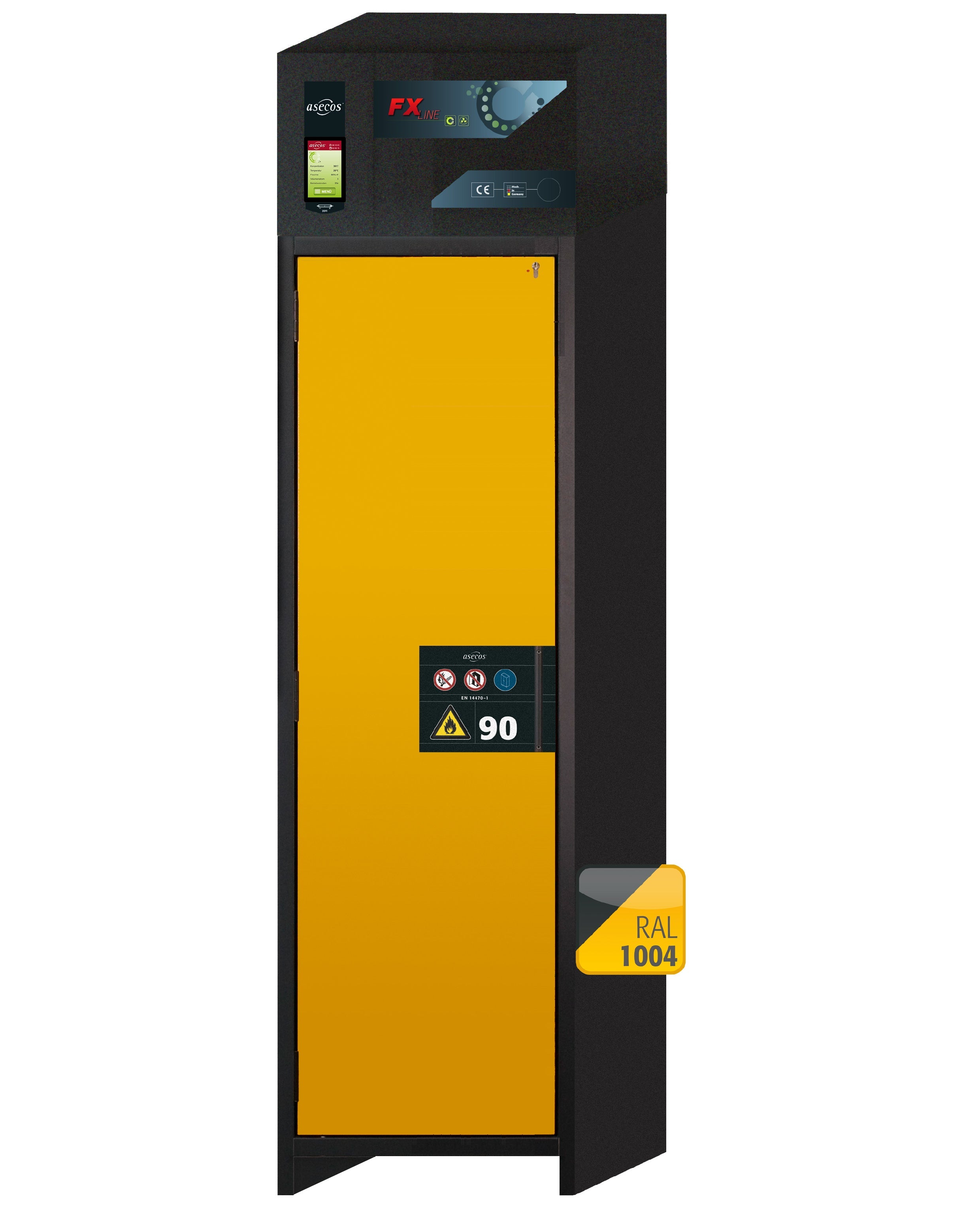 Armoire de filtration d'air de recirculation de type 90 FX-PEGASUS-90 modèle FX90.229.060.WDAC en jaune de sécurité RAL 1004 avec 2 étagères standard (tôle d'acier)