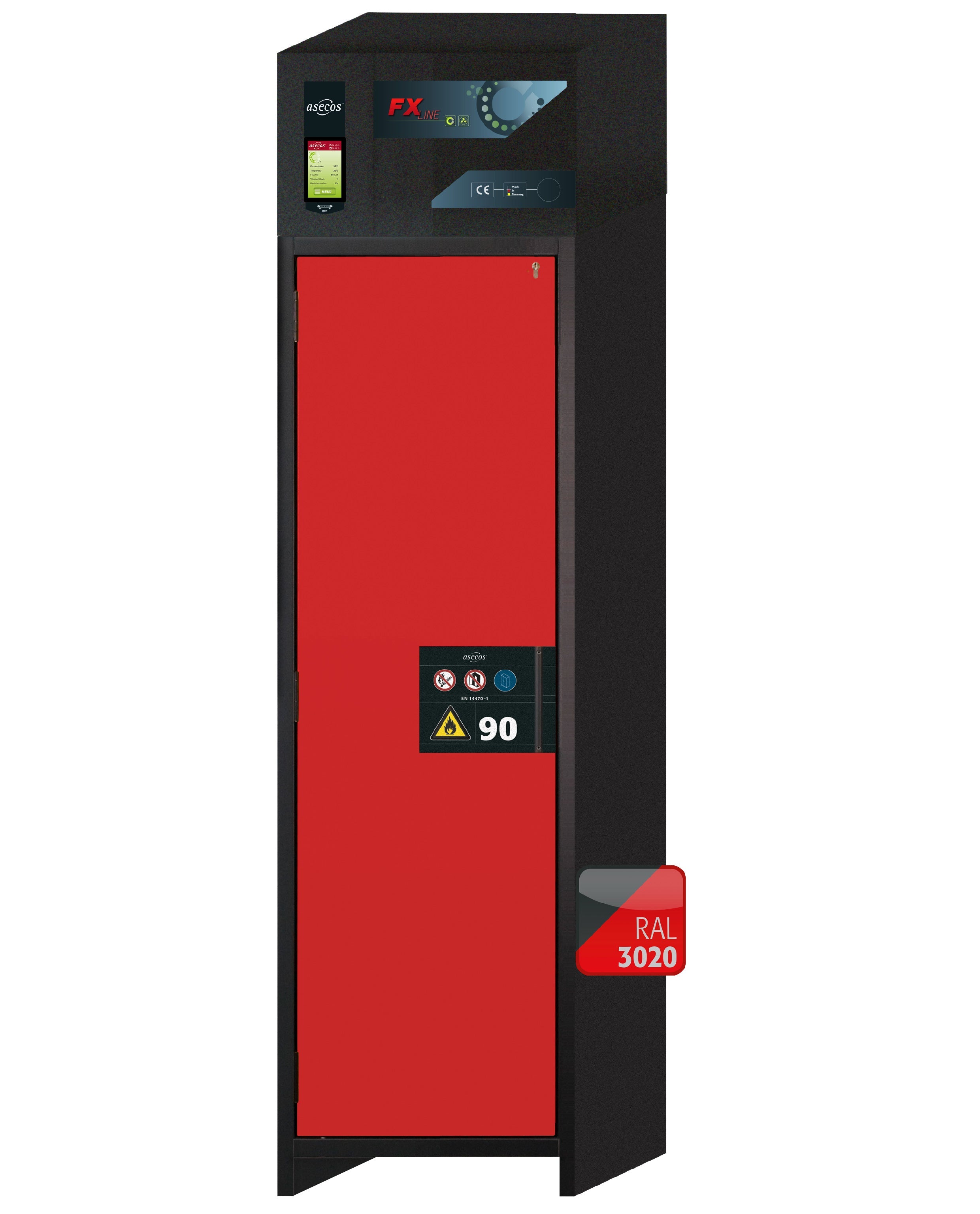 Armoire de filtration d'air de type 90 FX-PEGASUS-90 modèle FX90.229.060.WDAC en rouge signalisation RAL 3020 avec 4x étagères standard (tôle d'acier)