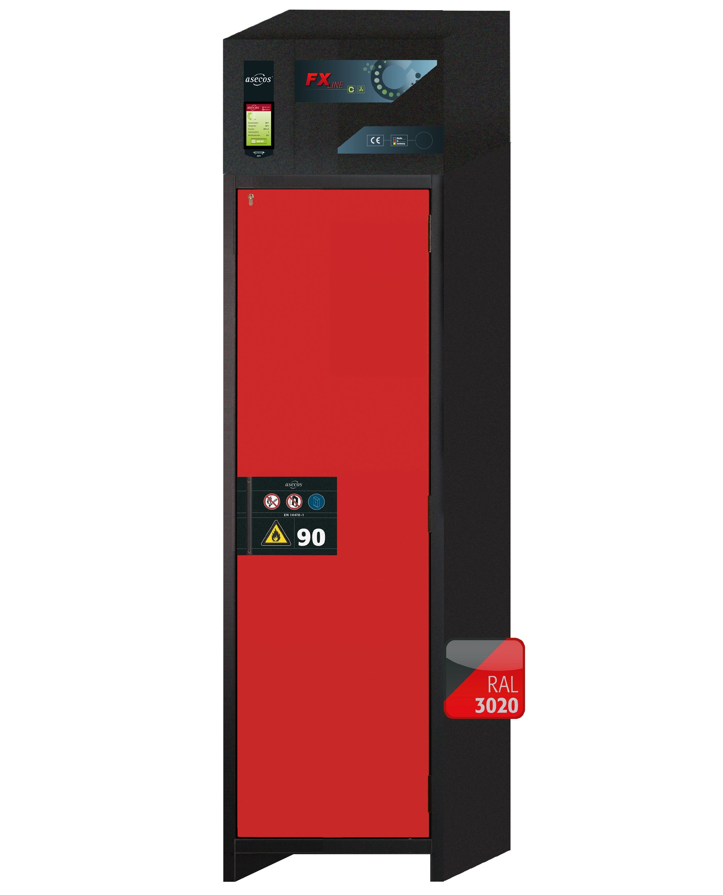 Armoire de filtration d'air recyclé type 90 FX-PEGASUS-90 modèle FX90.229.060.WDACR en rouge signalisation RAL 3020 avec 2 plateaux coulissants standard (tôle d'acier)