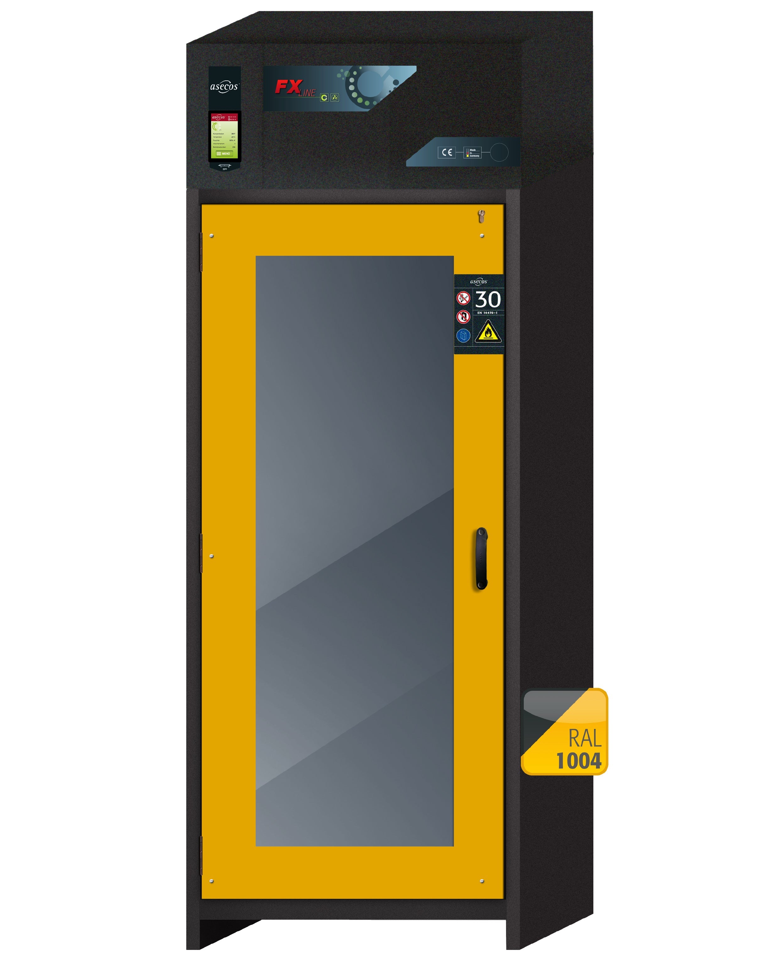 Type 30 circulating air filter cabinet FX-DISPLAY-30 model FX30.229.086.WDFW in safety yellow RAL 1004 with 6x standard pull-out tray (stainless steel 1.4301)