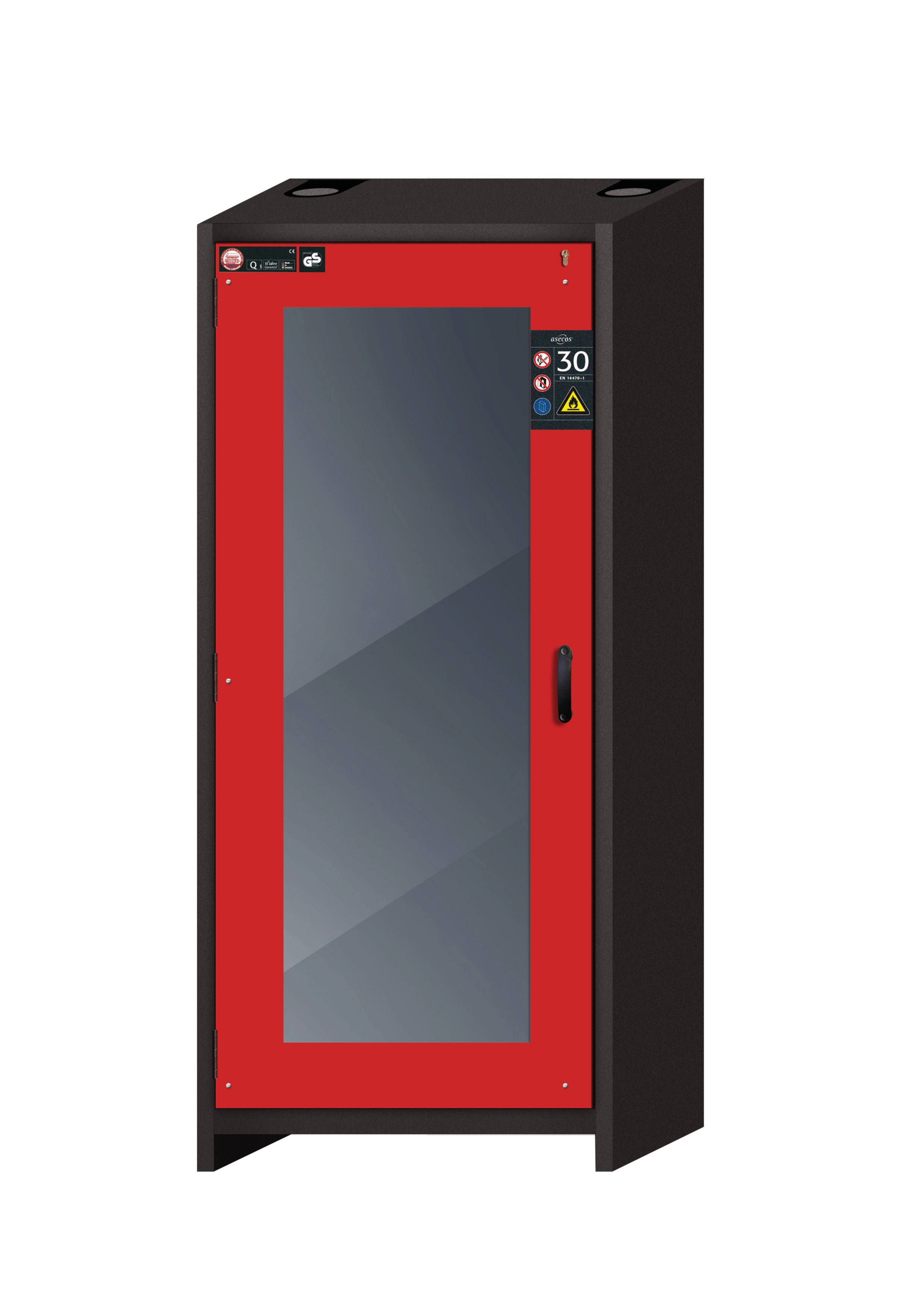 Type 30 safety cabinet Q-DISPLAY-30 model Q30.195.086.WDFW in traffic red RAL 3020 with 6x standard pull-out tray (stainless steel 1.4301)