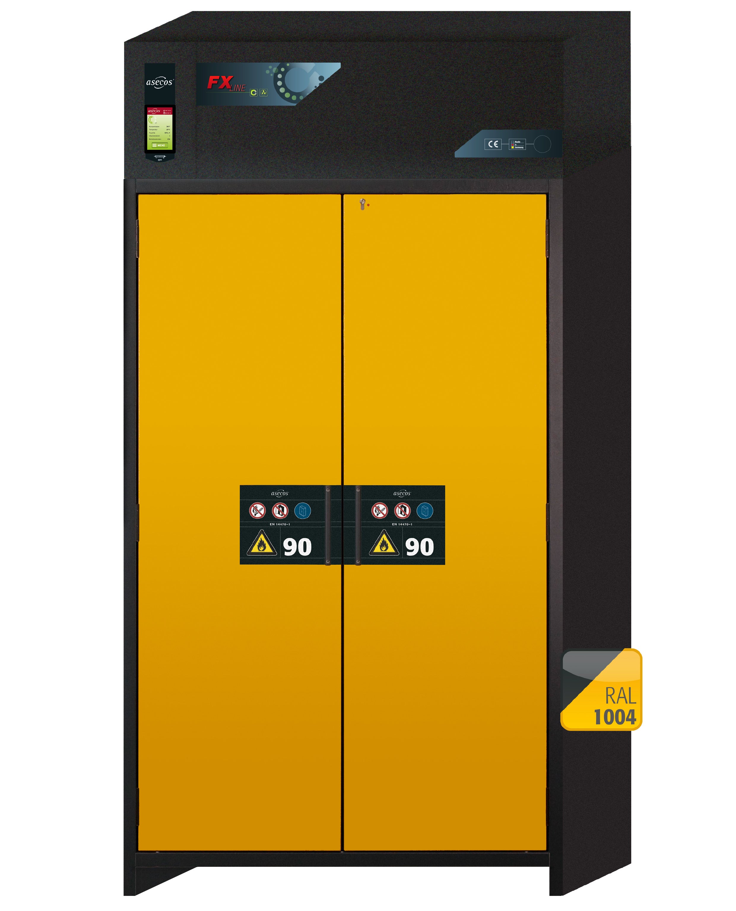 Armoire de filtration d'air de recirculation de type 90 FX-CLASSIC-90 modèle FX90.229.120.MV en jaune de sécurité RAL 1004 avec 3 étagères standard (tôle d'acier)