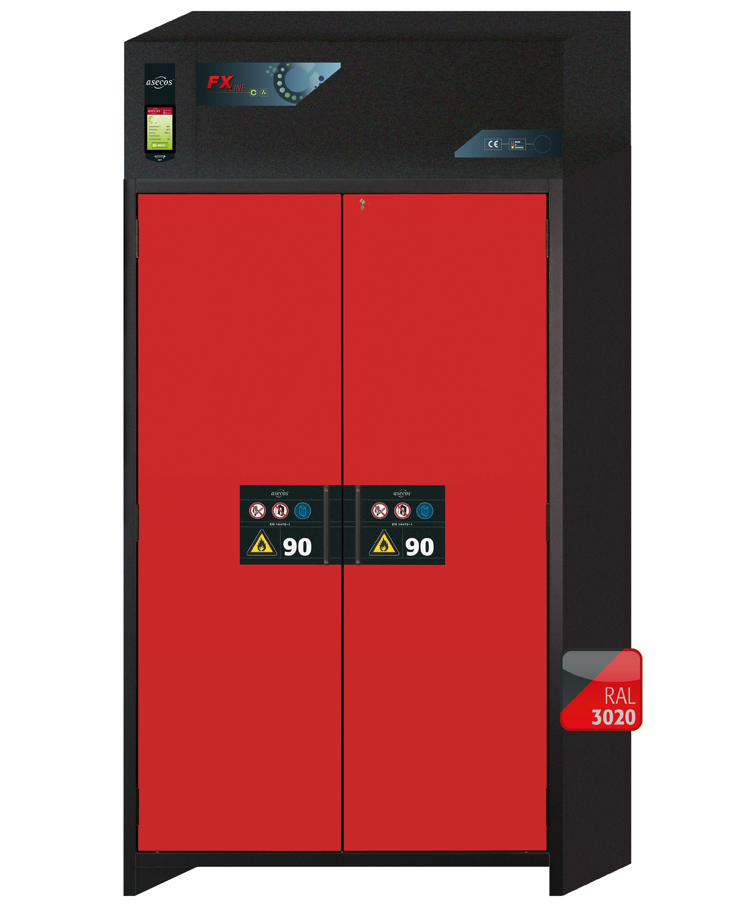 Armoire de filtration d'air de recirculation de type 90 FX-CLASSIC-90 modèle FX90.229.120.MV en rouge signalisation RAL 3020 avec 3 étagères standard (acier inoxydable 1.4301)