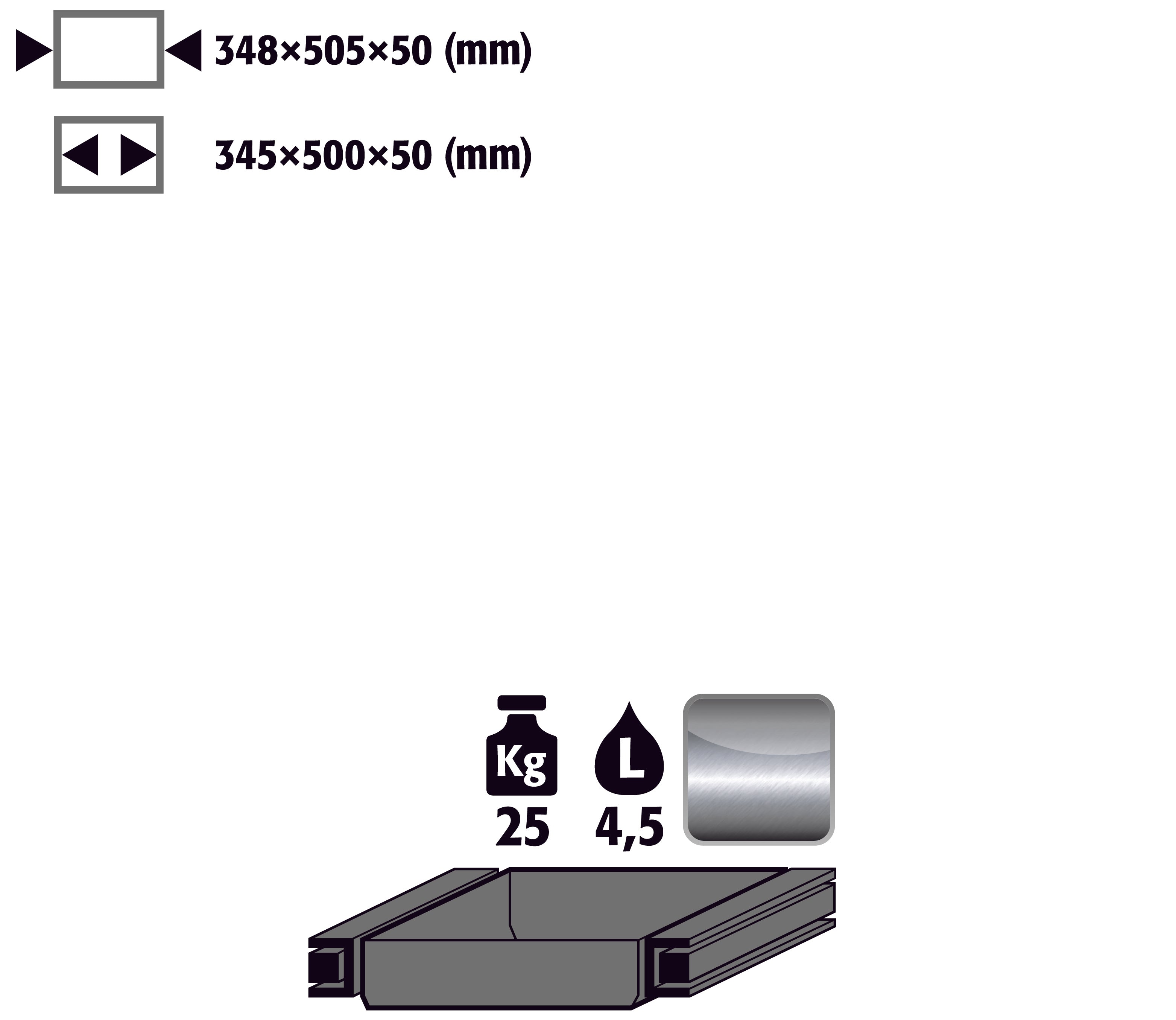 Bac coulissant standard charnière à droite (volume: 4,50 litres, acier inoxydable 1.4301 brut