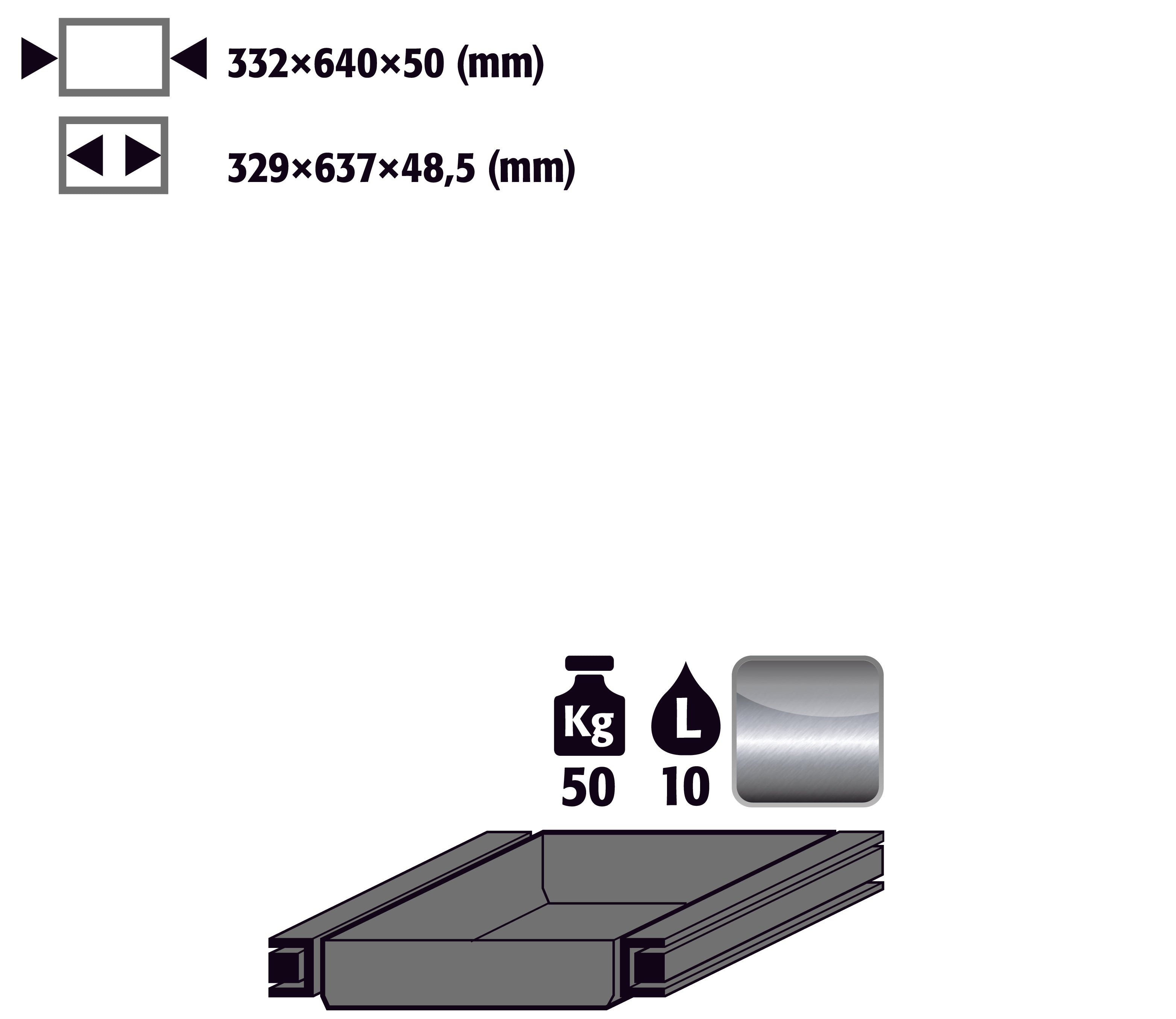 Bac coulissant évacuation charnière à droite (volume: 4,50 litres), acier inoxydable 1.4301 brut