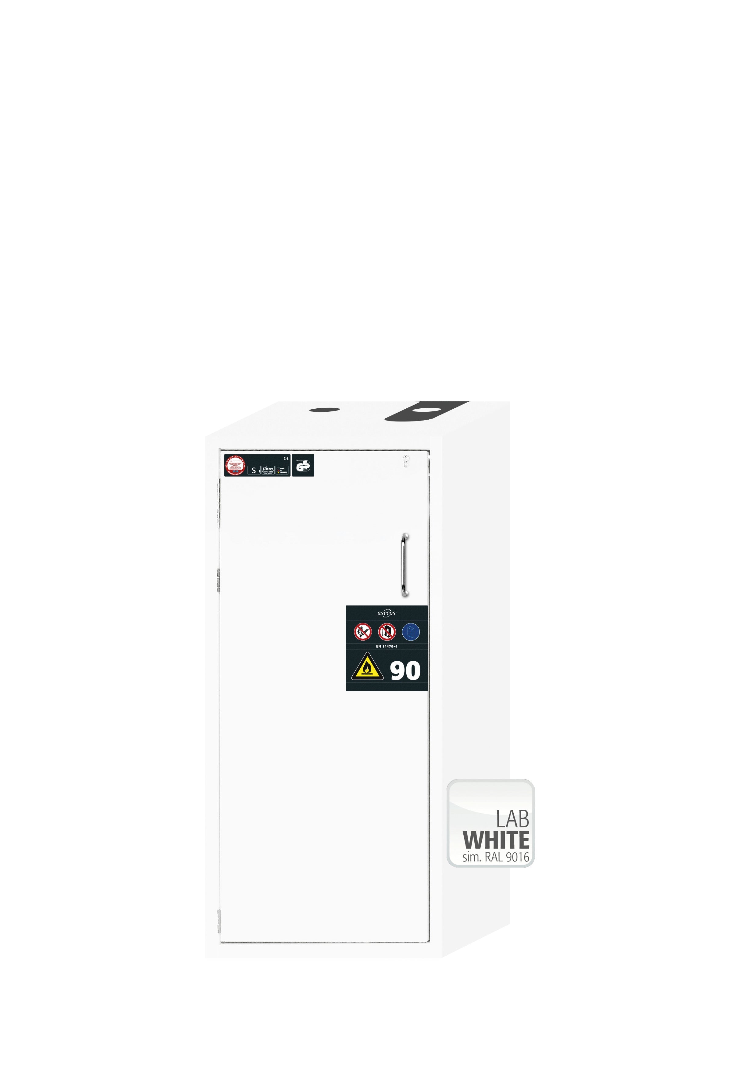Armoire de sécurité type 90 S-CLASSIC-90 modèle S90.129.060.WDAS en blanc de laboratoire (similaire à RAL 9016) avec 3x pieds de plateau standard (acier inoxydable 1.4301)