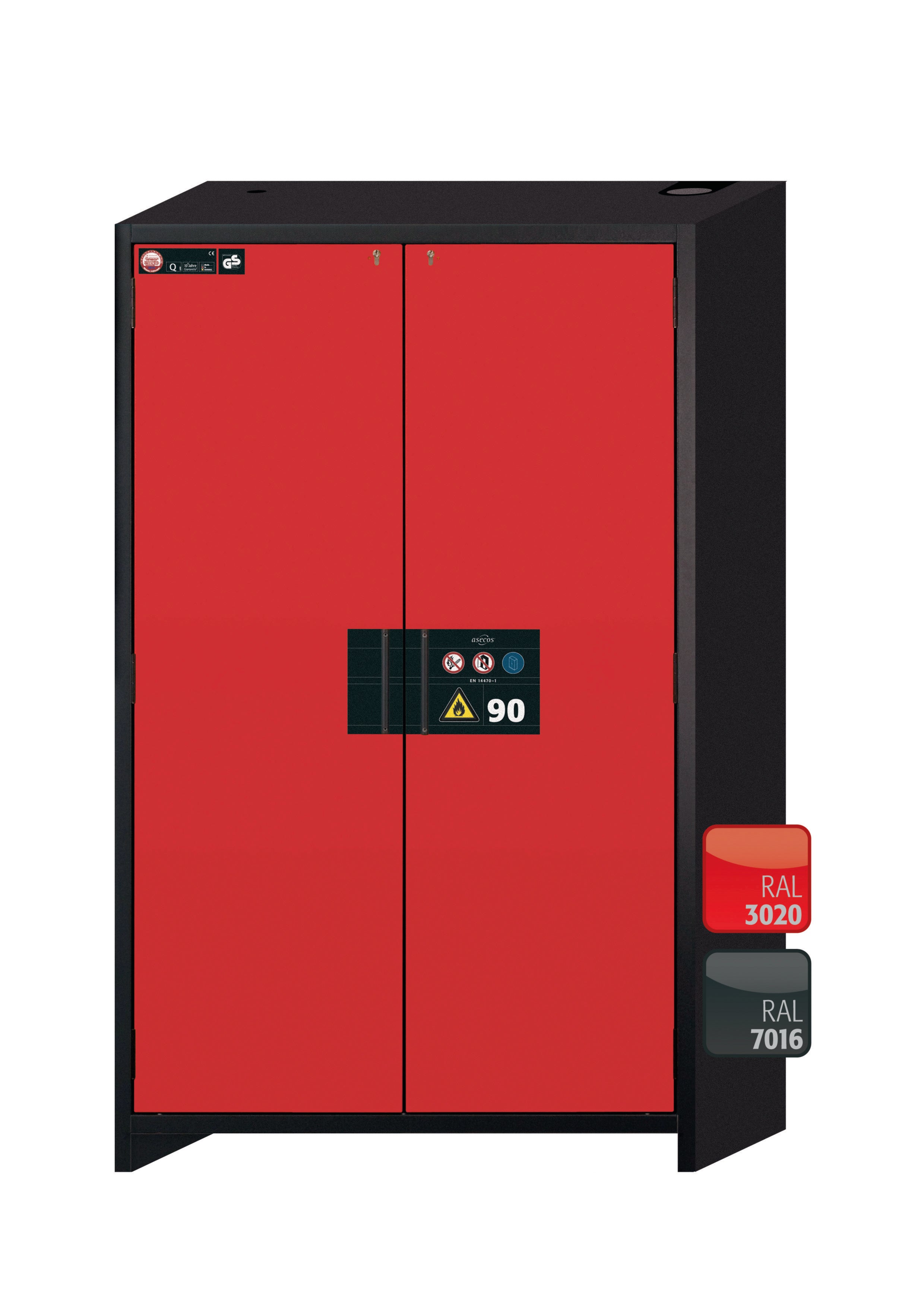 Type 90 safety cabinet Q-CLASSIC-90 model Q90.195.120.MV in traffic red RAL 3020 with 6x standard pull-out tray (stainless steel 1.4301)