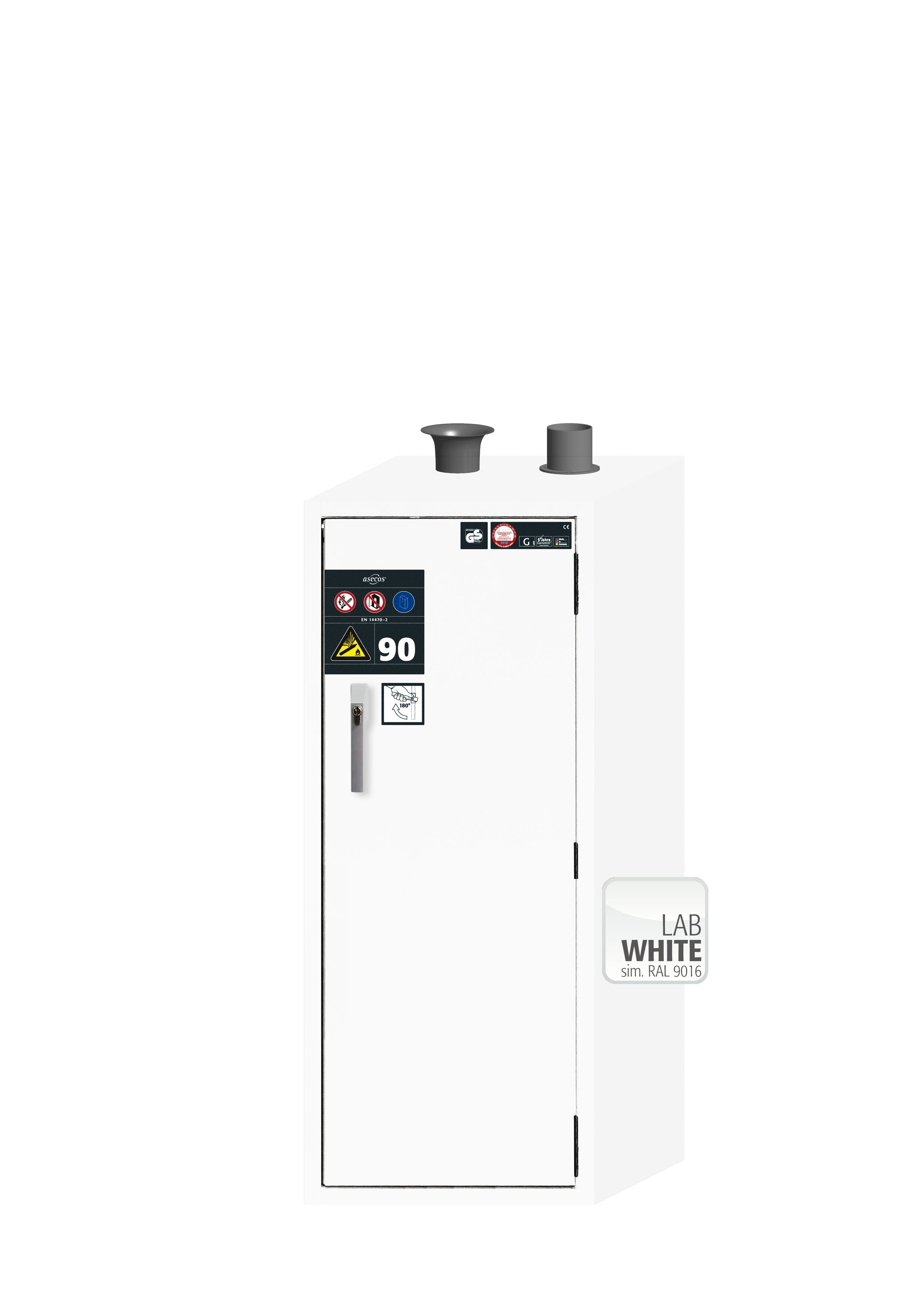 Type 90 compressed gas bottle cabinet G-ULTIMATE-90 model G90.145.060.R in laboratory white (similar to RAL 9016) with for 2x compressed gas bottles of 10 liters each