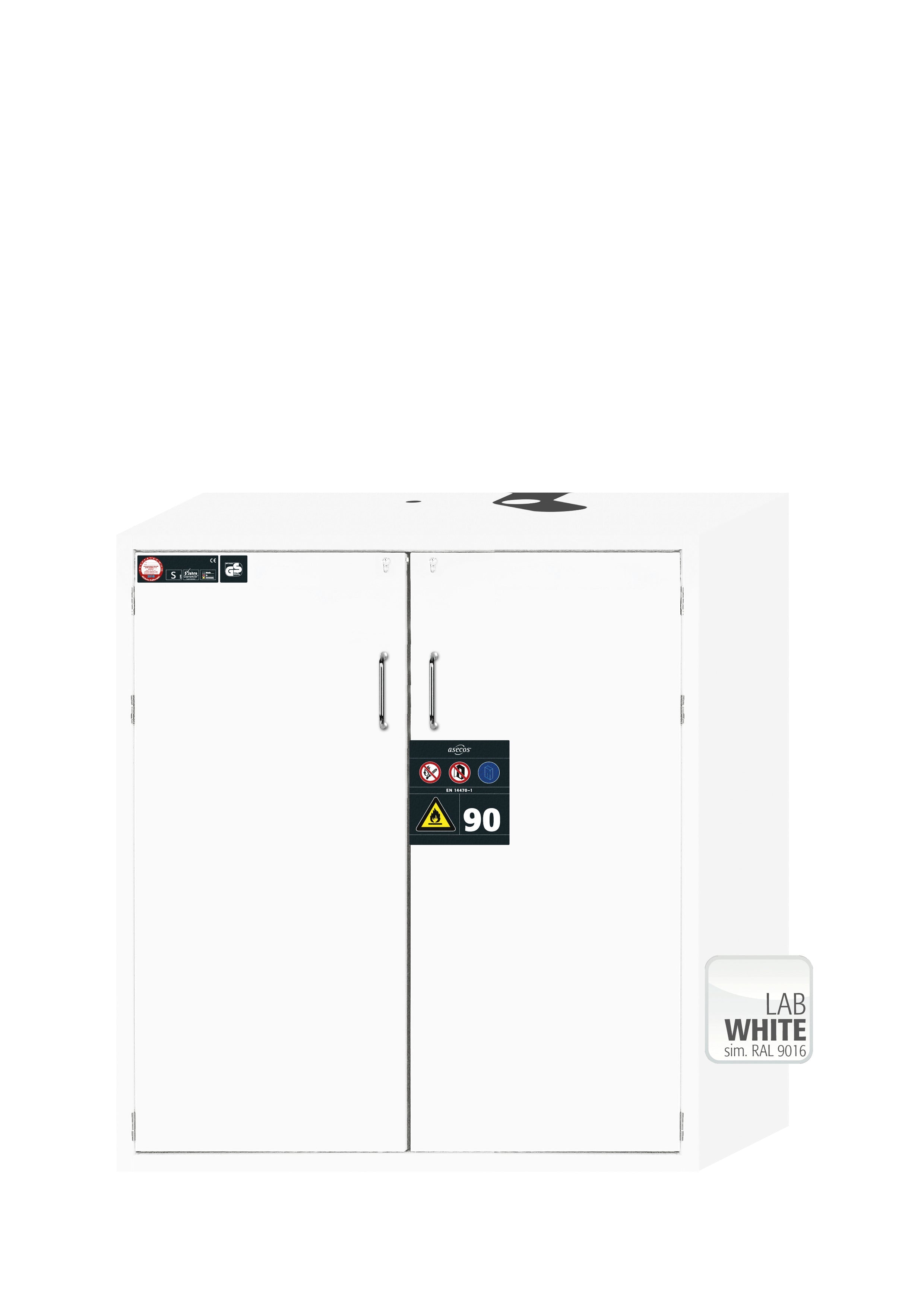 Armoire de sécurité type 90 S-CLASSIC-90 modèle S90.129.120.WDAS en blanc de laboratoire (similaire à RAL 9016) avec 3 plateaux coulissants standard (acier inoxydable 1.4301)