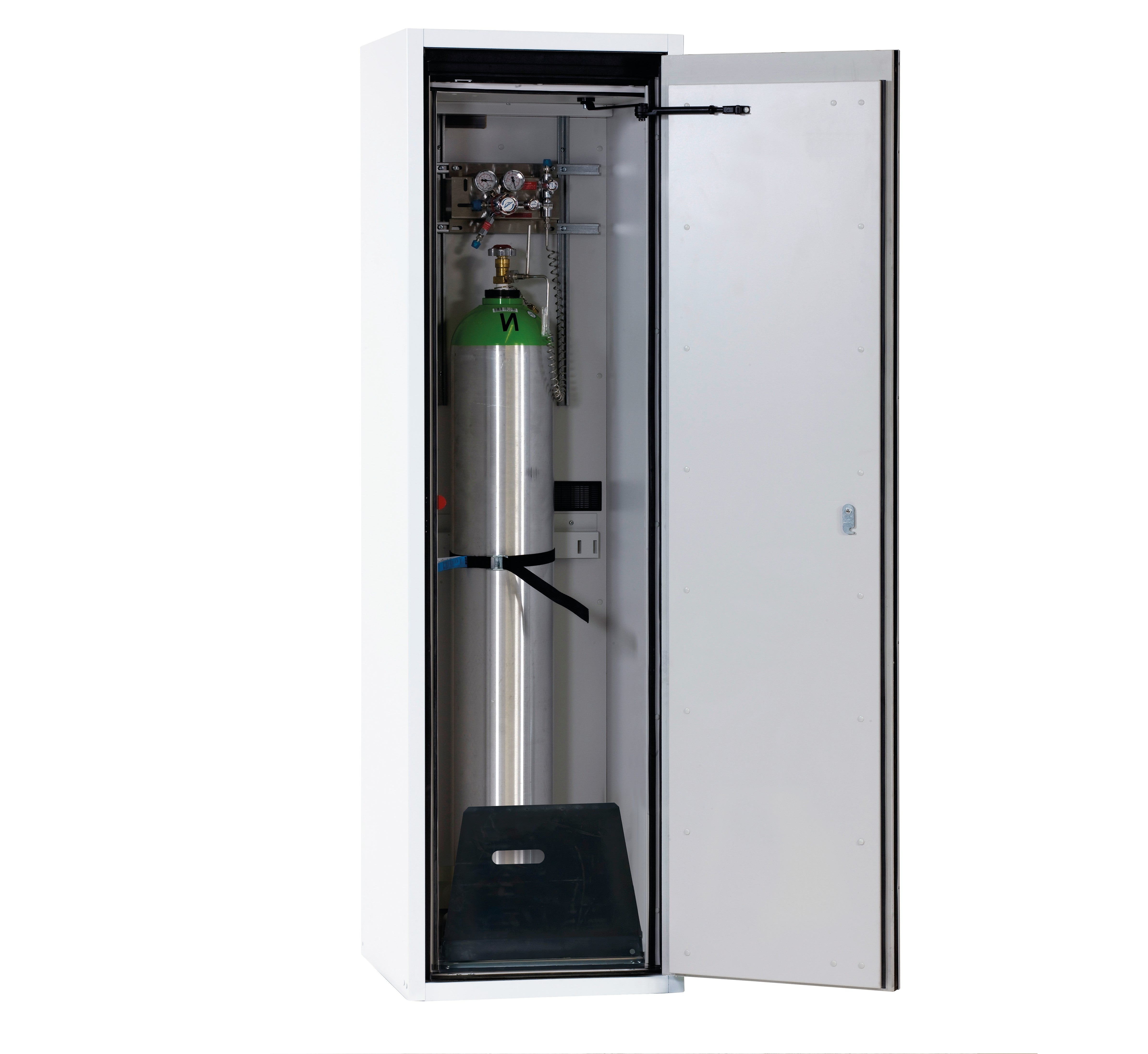 Type 90 compressed gas bottle cabinet G-ULTIMATE-90 model G90.205.060.R in laboratory white (similar to RAL 9016) with standard interior fittings for 1x compressed gas bottles of 50 liters each