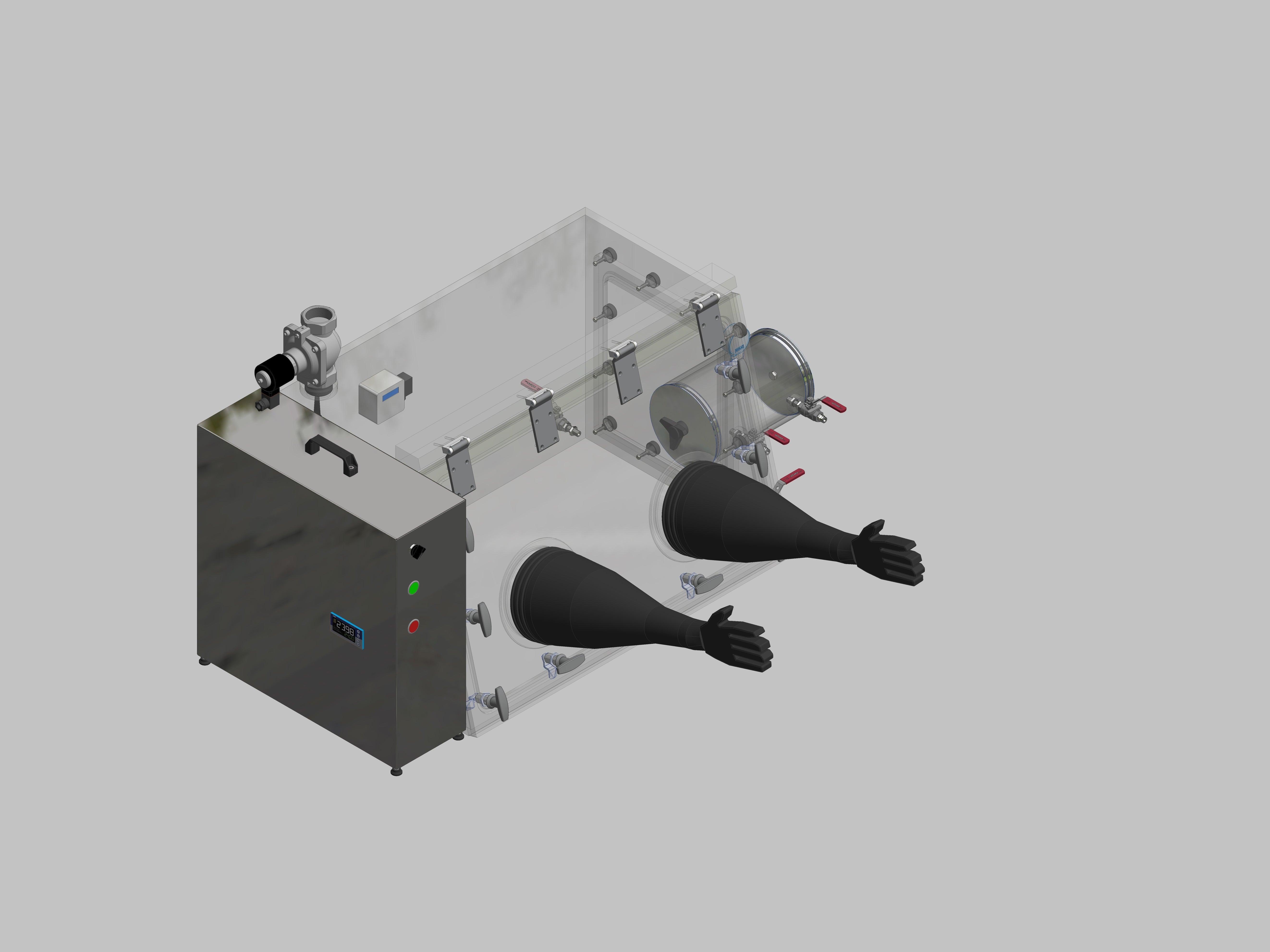 Glovebox aus Acryl> Gasbefüllung: Spülautomatik mit Druckregelung, Frontausführung: Schwenkbar nach oben, Seitenausführung: Vakuumschleuse rund, Steuerung: Sauerstoffregler