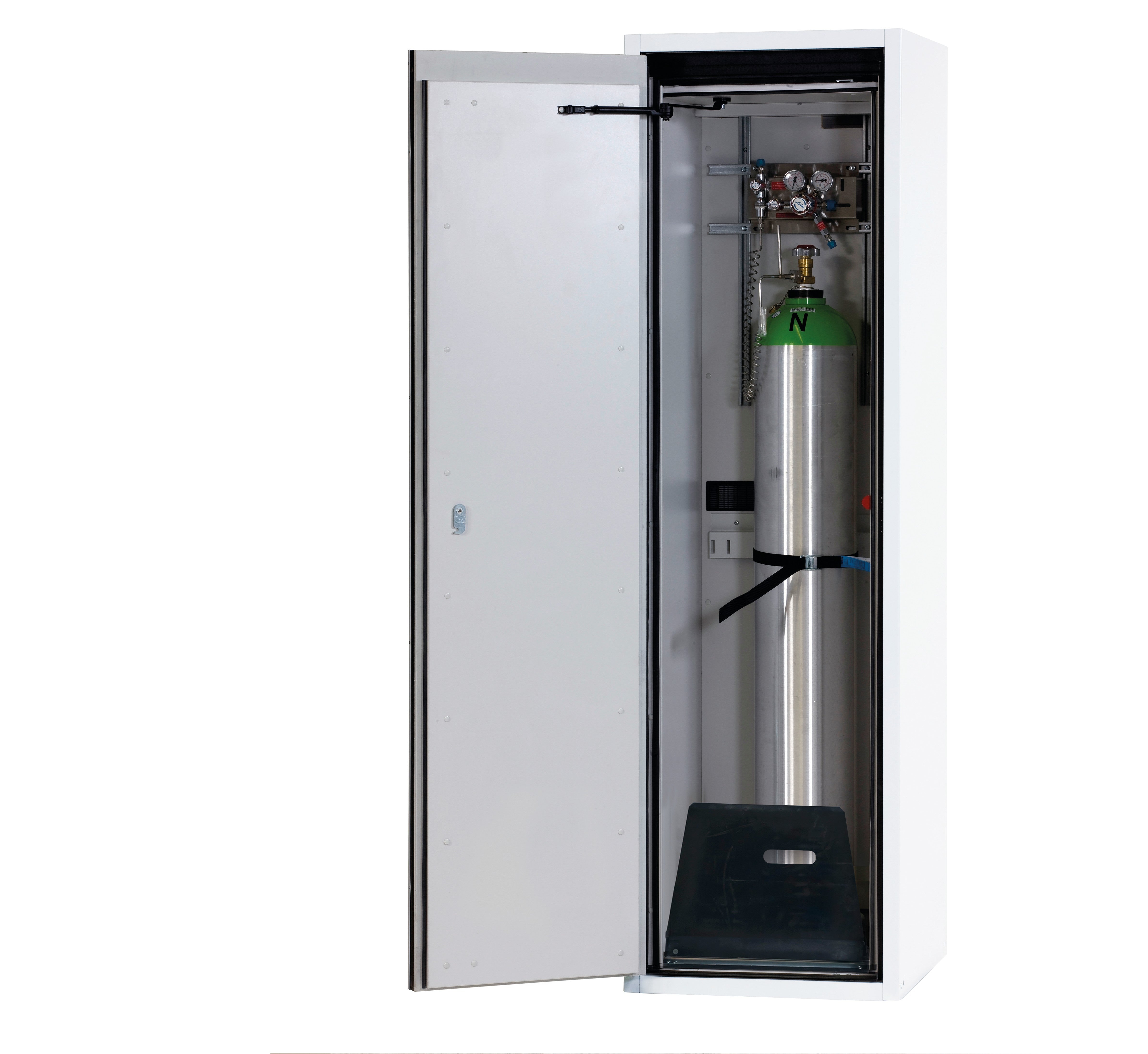 Type 90 compressed gas bottle cabinet G-ULTIMATE-90 model G90.205.060 in laboratory white (similar to RAL 9016) with standard interior fittings for 1x compressed gas bottles of 50 liters each