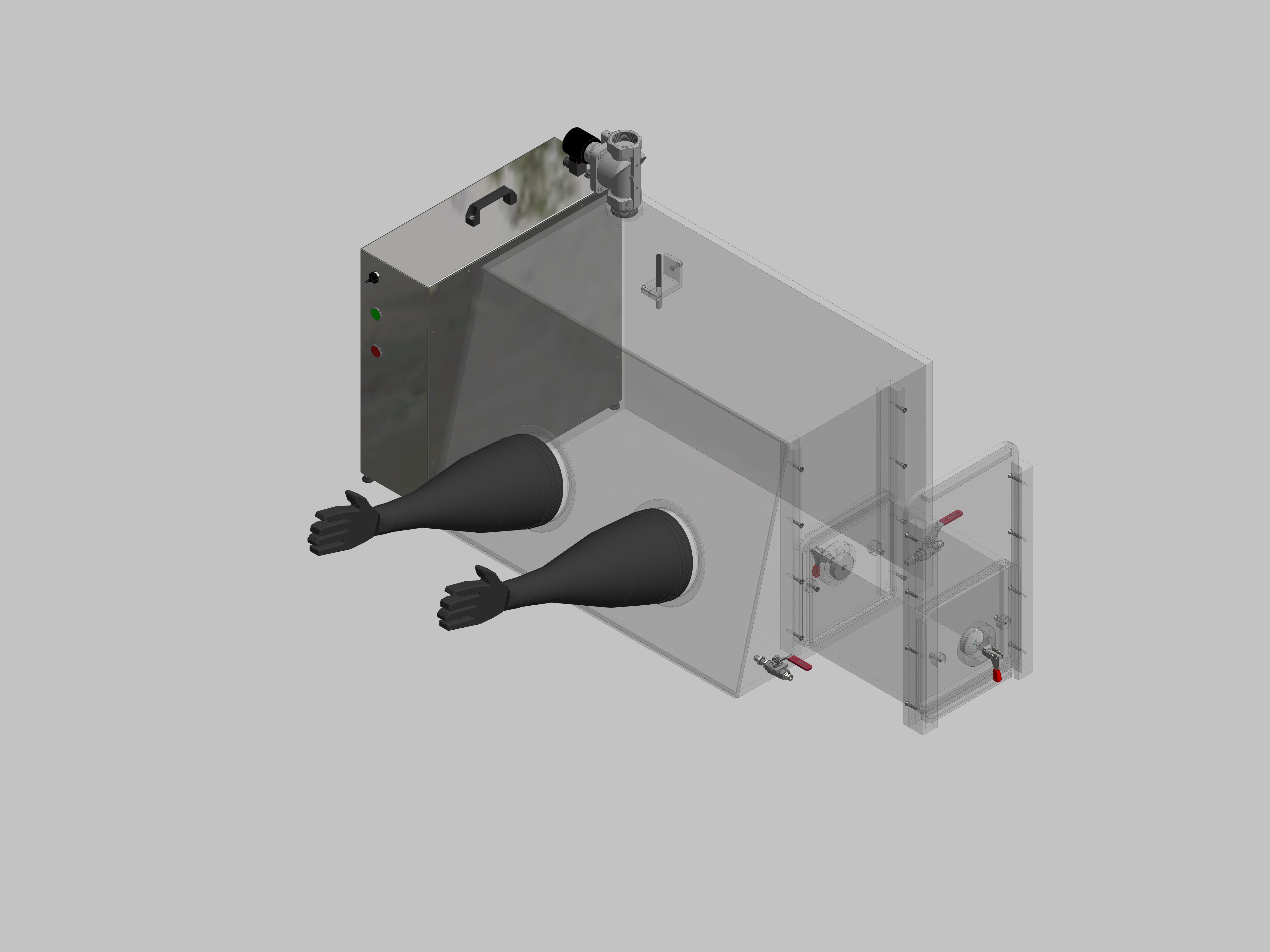 Glovebox aus Acryl> Gasbefüllung: Spülautomatik mit Druckregelung, Frontausführung: Standard, Seitenausführung: Rechteckschleuse Steuerung: Feuchteregler mit Datenlogger