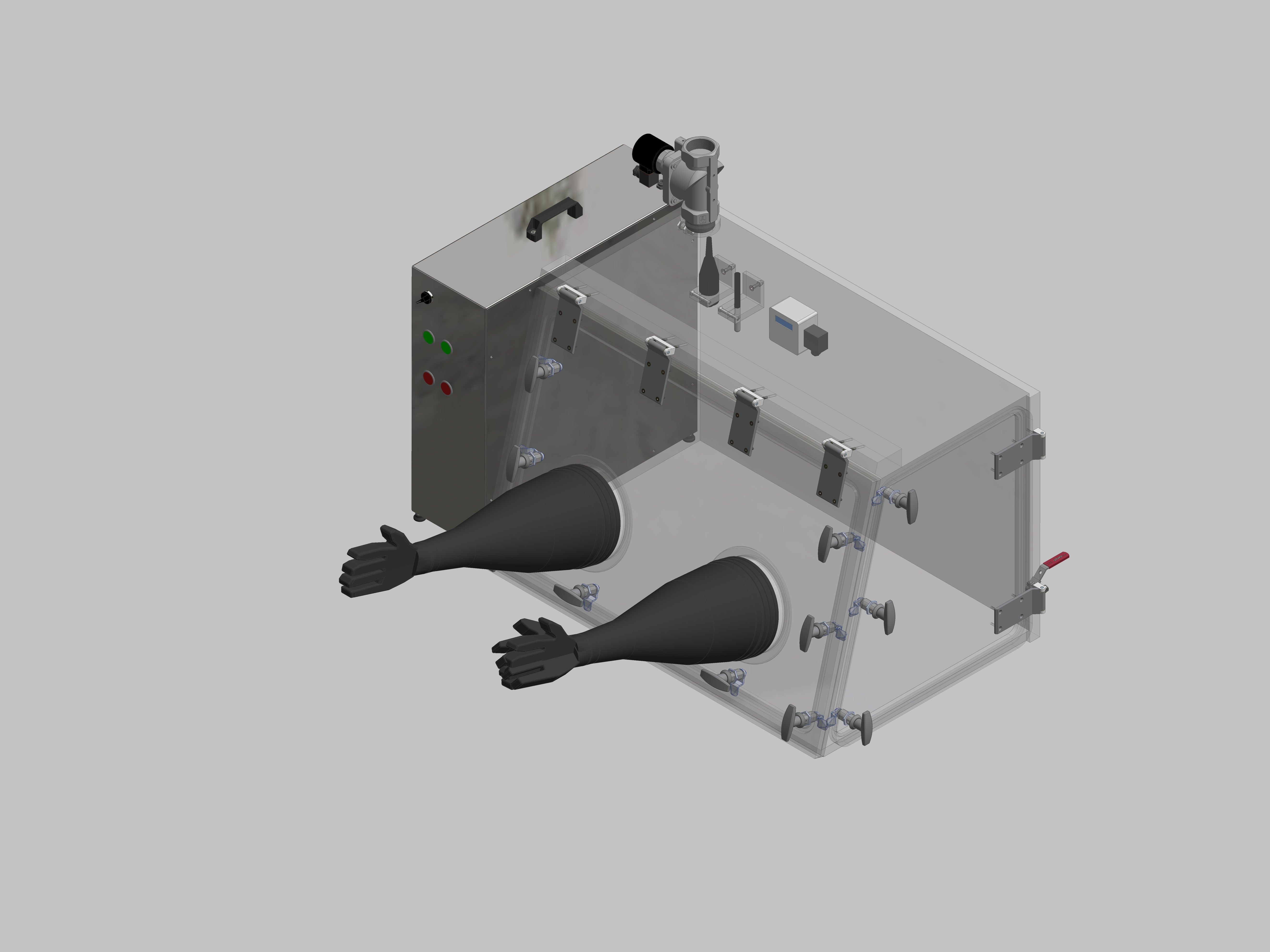 Glovebox aus Acryl> Gasbefüllung: Spülautomatik mit Druckregelung, Frontausführung: Schwenkbar nach oben, Seitenausführung: Flügeltüre Steuerung: Feuchteregler mit Sauerstoffanzeige