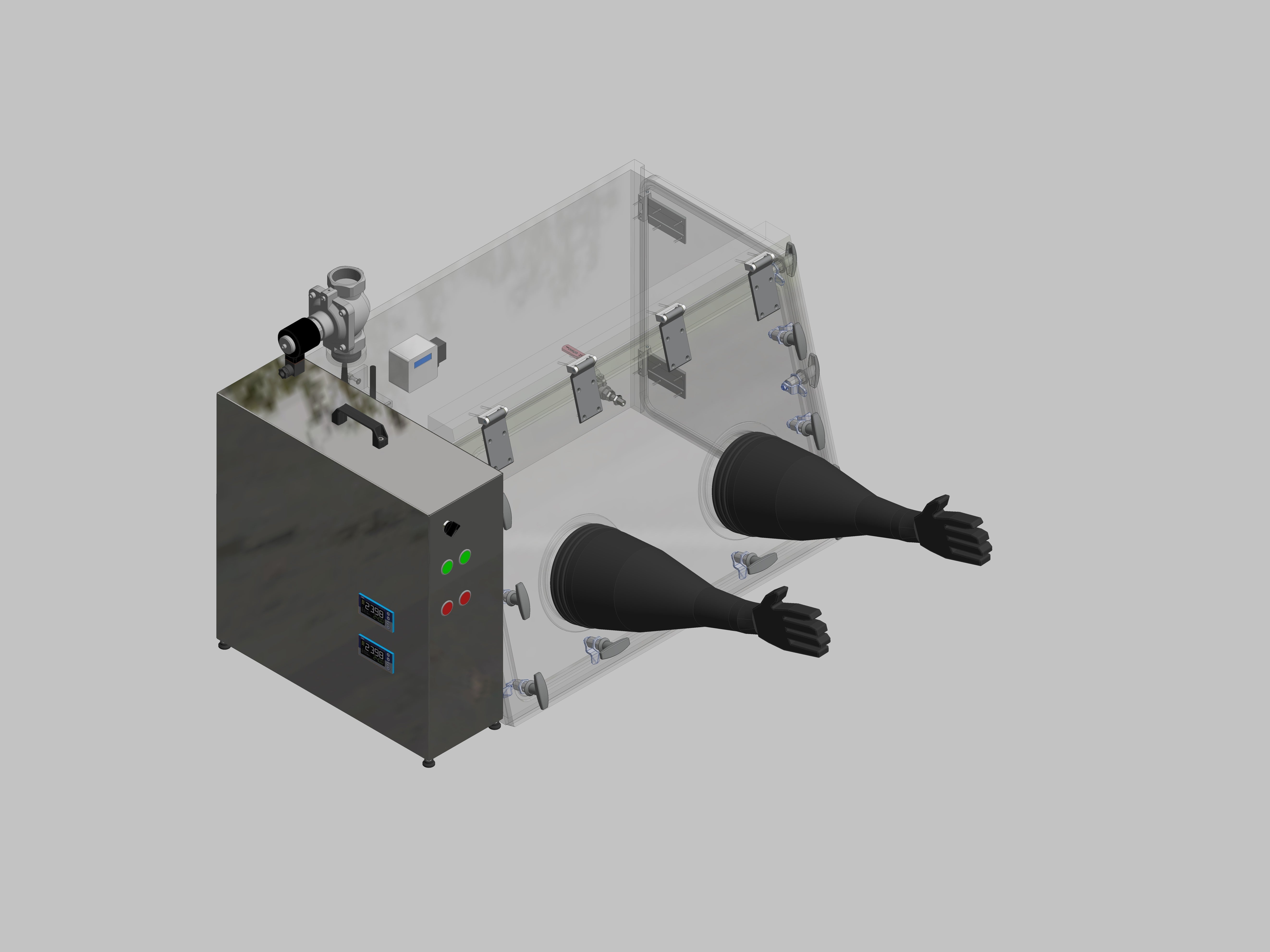 Glovebox aus Acryl> Gasbefüllung: Spülautomatik mit Druckregelung, Frontausführung: Schwenkbar nach oben, Seitenausführung: Flügeltüre Steuerung: Sauerstoff- und Feuchteregler