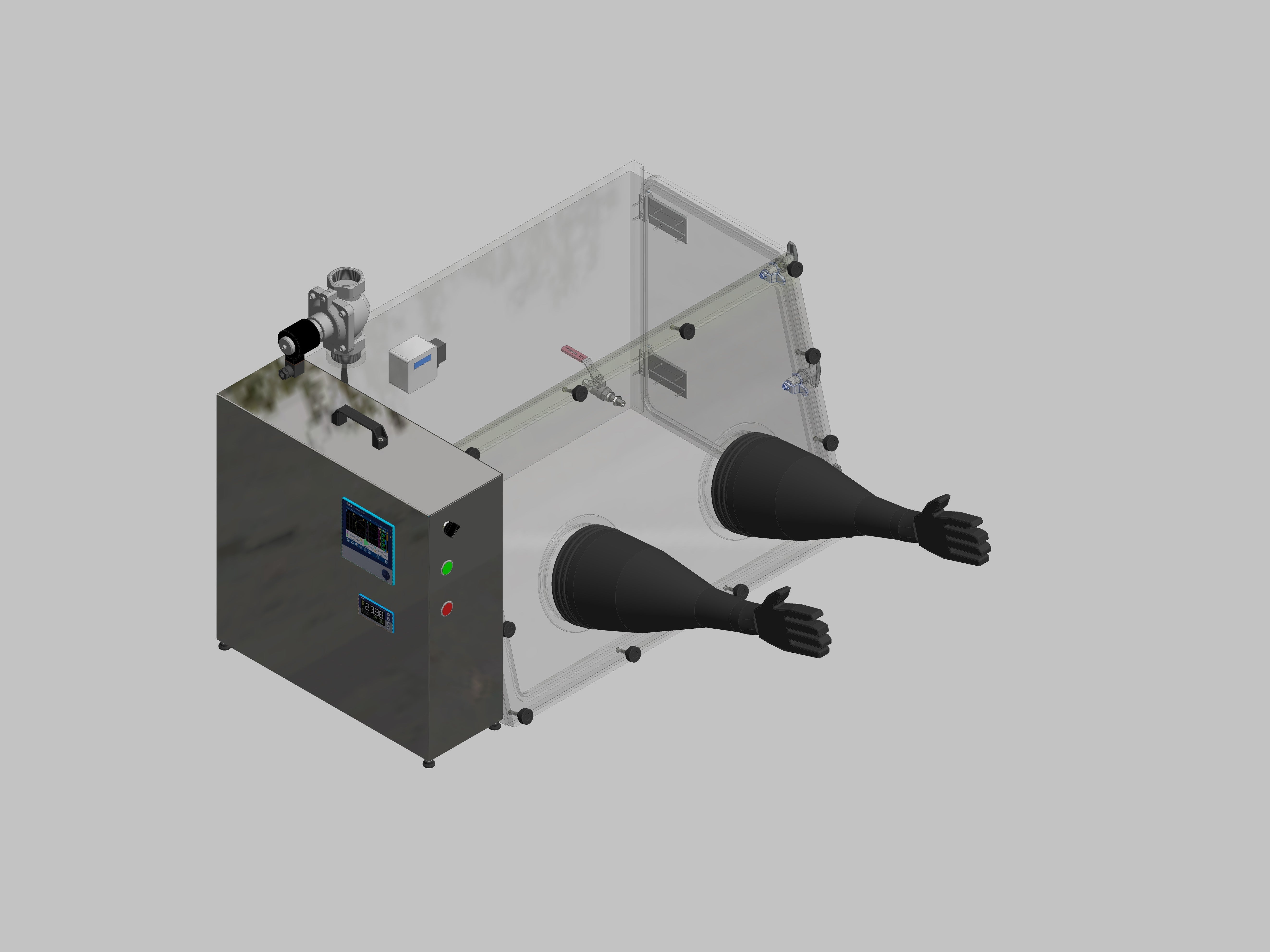 Glovebox aus Acryl> Gasbefüllung: Spülautomatik mit Druckregelung, Frontausführung: abnehmbar Seitenausführung: Flügeltüre Steuerung: Sauerstoffregler mit Datenlogger