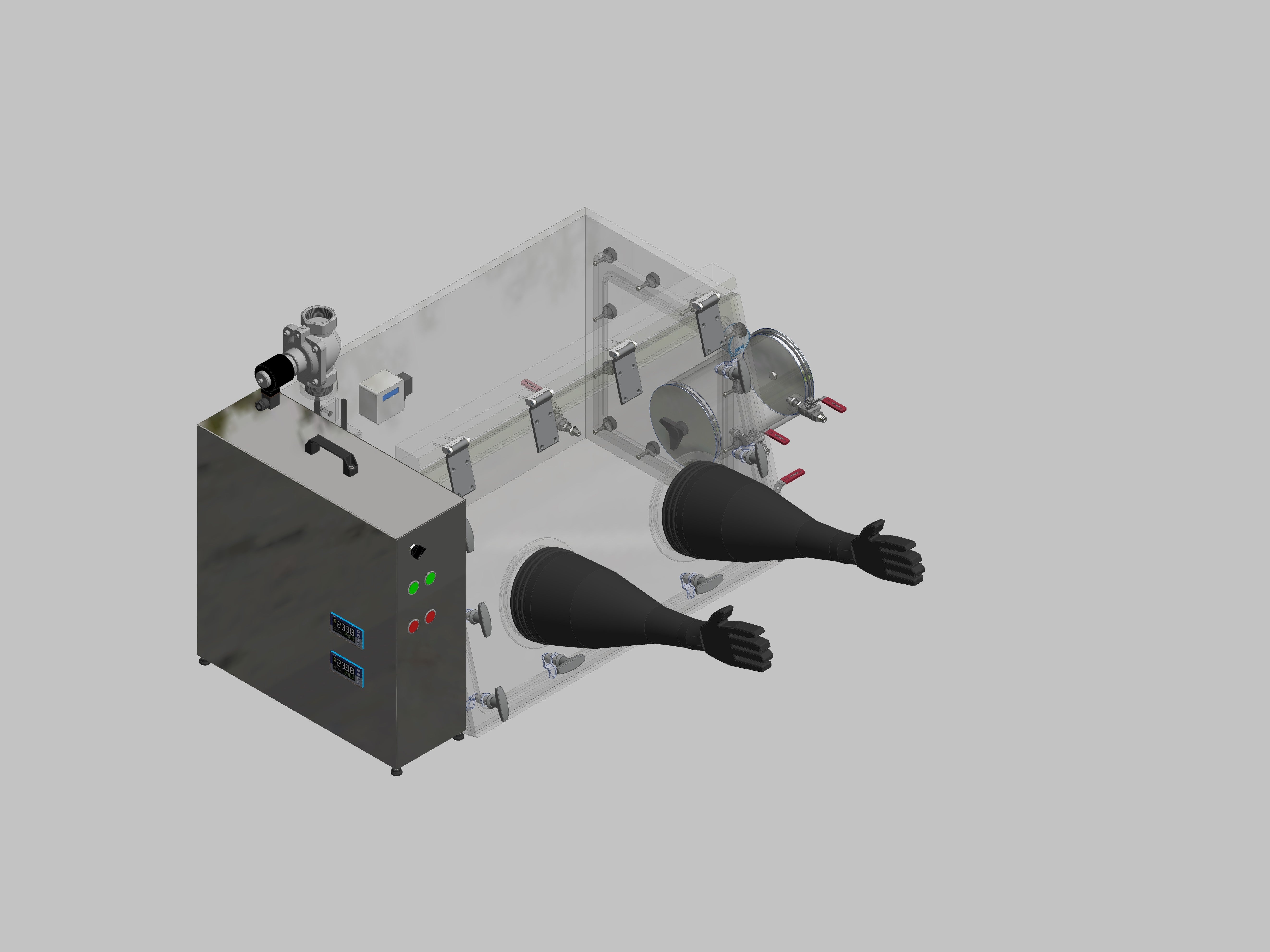 Glovebox aus Acryl> Gasbefüllung: Spülautomatik mit Druckregelung, Frontausführung: Schwenkbar nach oben, Seitenausführung: Vakuumschleuse rund, Steuerung: Sauerstoff- und Feuchteregler