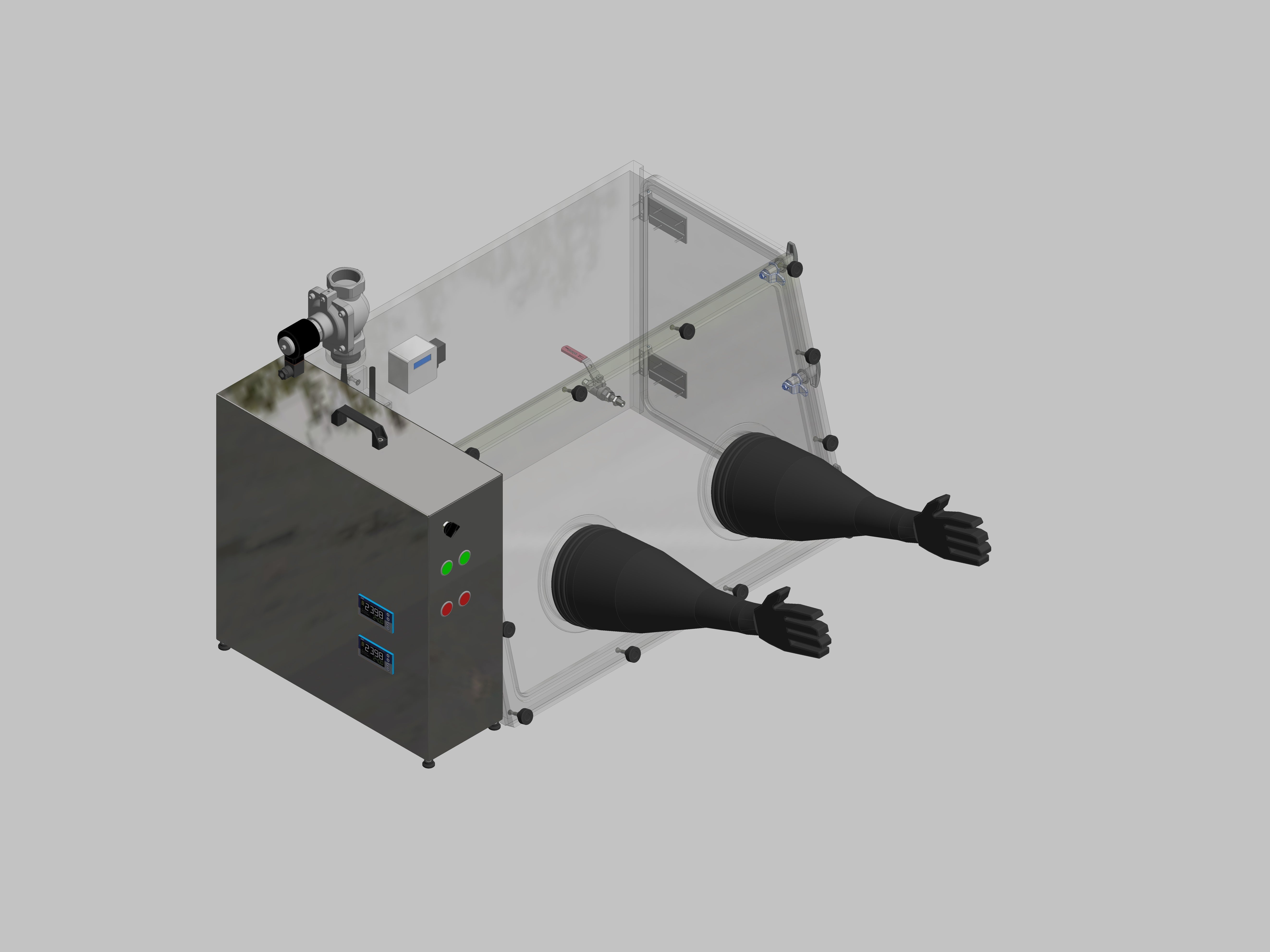 Glovebox aus Acryl> Gasbefüllung: Spülautomatik mit Druckregelung, Frontausführung: abnehmbar Seitenausführung: Flügeltüre Steuerung: Feuchteregler mit Sauerstoffanzeige
