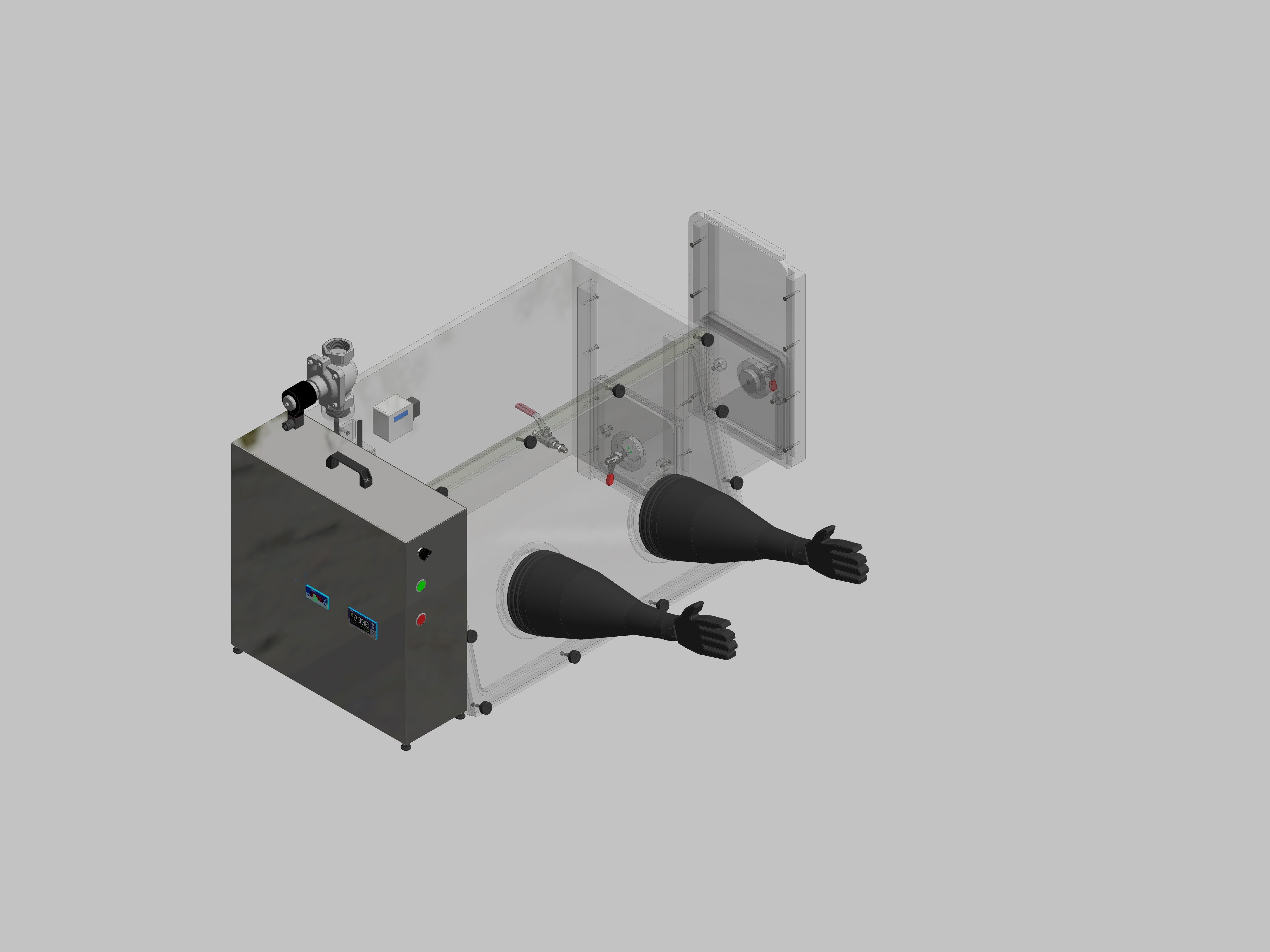 Glovebox aus Acryl> Gasbefüllung: Spülautomatik mit Druckregelung, Frontausführung: abnehmbar Seitenausführung: Rechteckschleuse Steuerung: Sauerstoffregler mit Feuchteanzeige