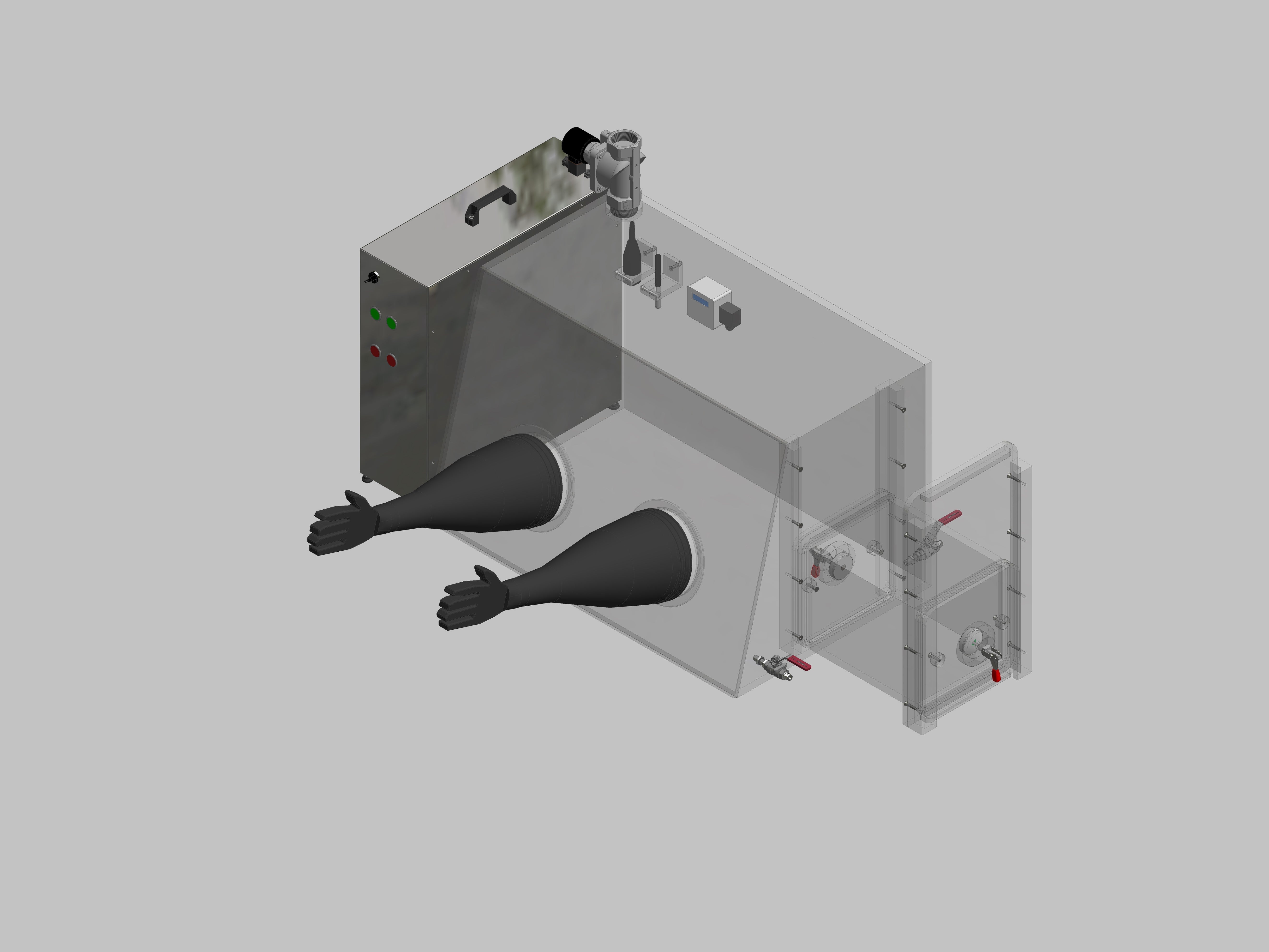 Glovebox aus Acryl> Gasbefüllung: Spülautomatik mit Druckregelung, Frontausführung: Standard, Seitenausführung: Rechteckschleuse Steuerung: Sauerstoff- und Feuchteregler