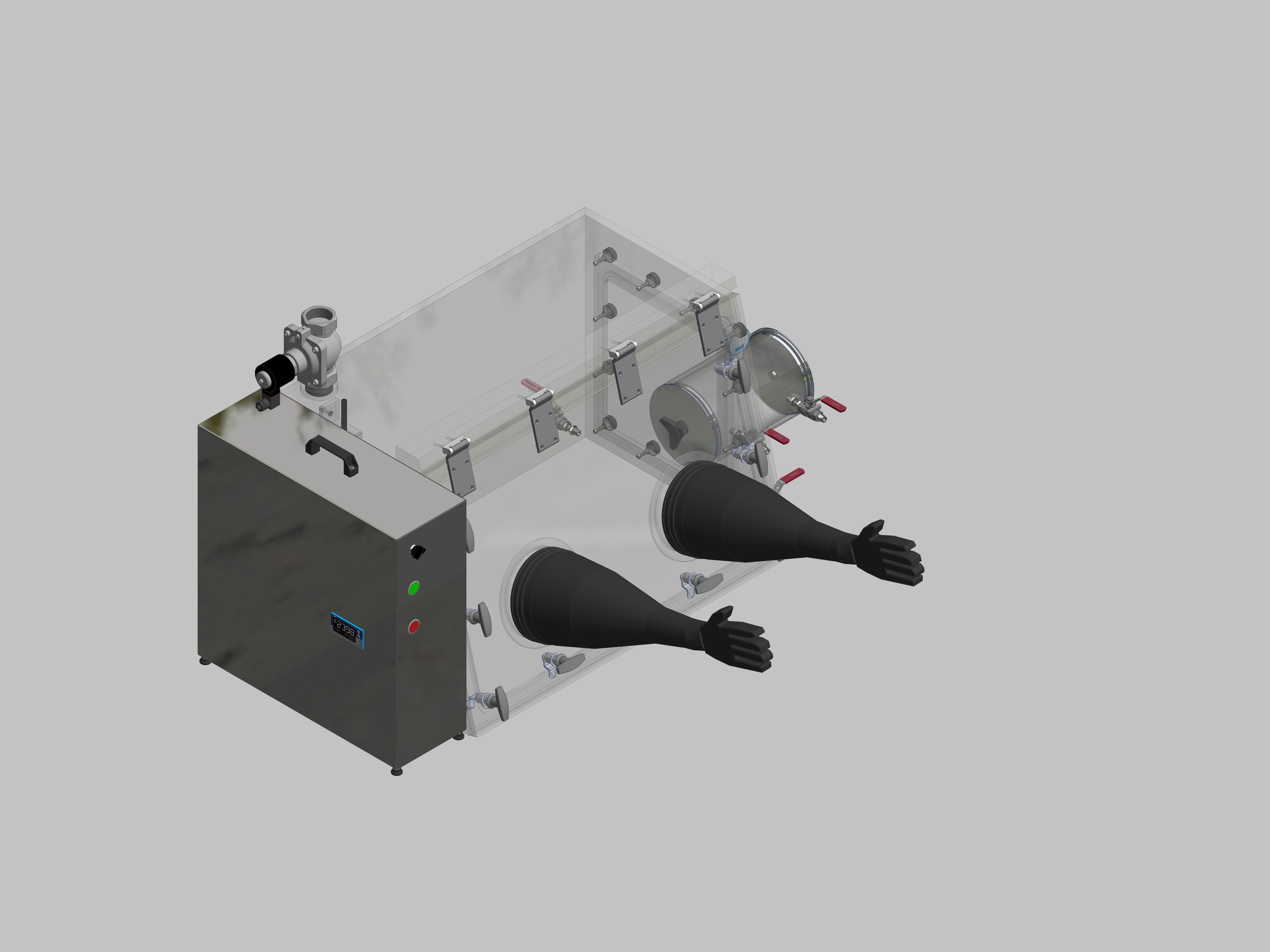 Glovebox aus Acryl> Gasbefüllung: Spülautomatik mit Druckregelung, Frontausführung: Schwenkbar nach oben, Seitenausführung: Vakuumschleuse rund,