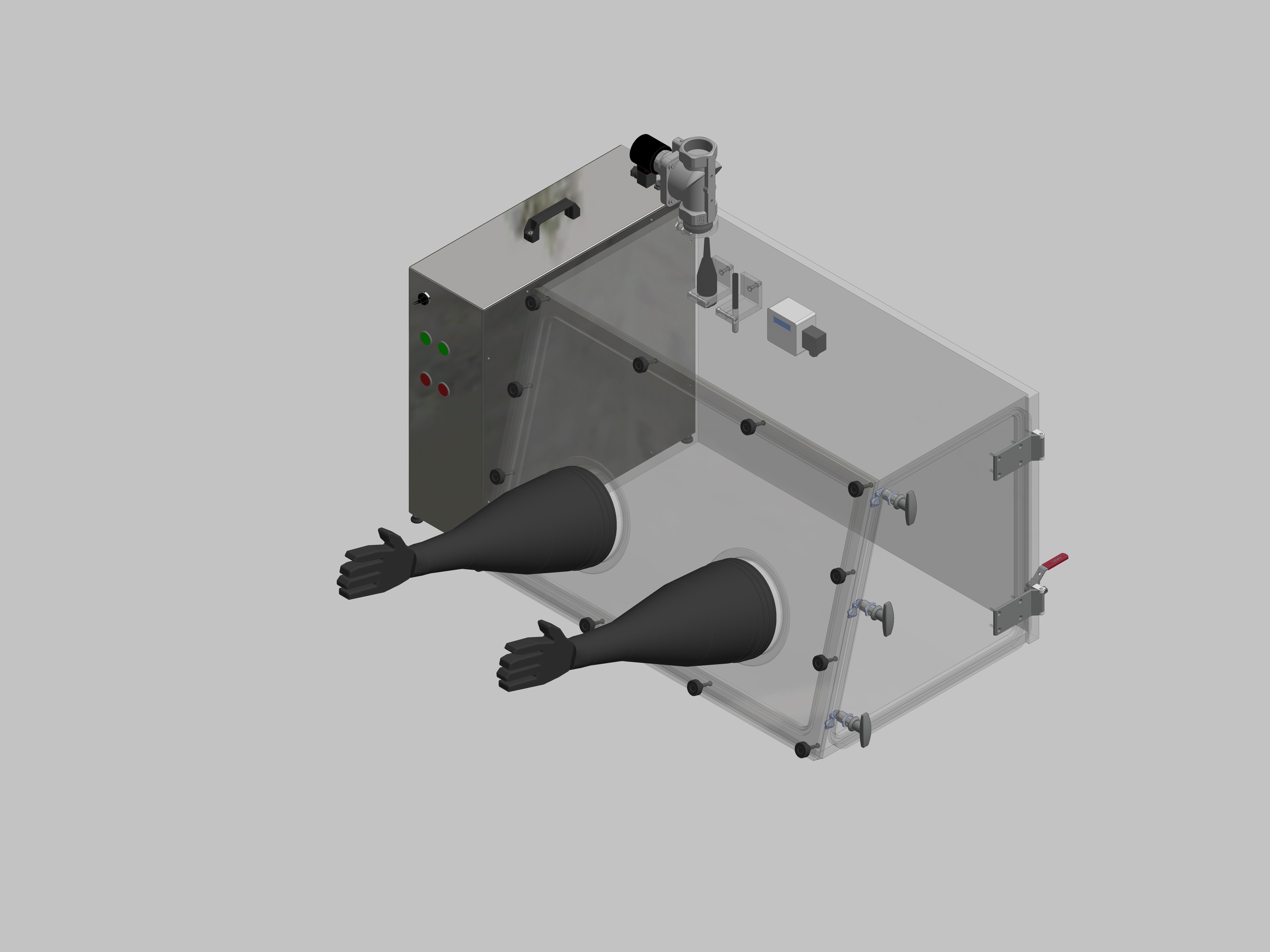 Glovebox aus Acryl> Gasbefüllung: Spülautomatik mit Druckregelung, Frontausführung: abnehmbar Seitenausführung: Flügeltüre Steuerung: Feuchteregler und Sauerstoffanzeige mit Datenlogger