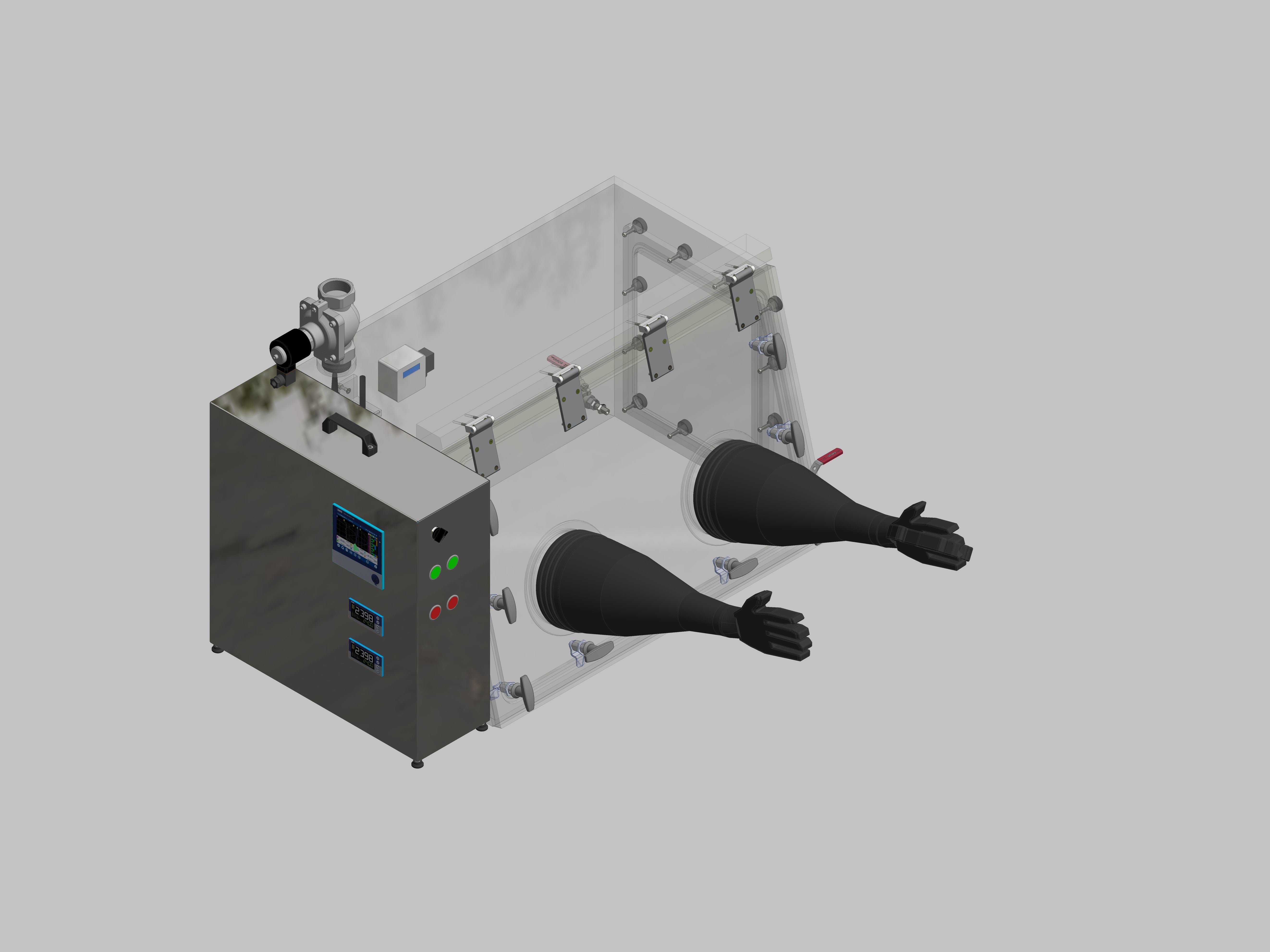 Glovebox aus Acryl> Gasbefüllung: Spülautomatik mit Druckregelung, Frontausführung: Schwenkbar nach oben, Seitenausführung: Flansch abnehmbar Steuerung: Feuchteregler und Sauerstoffanzeige mit Datenlogger