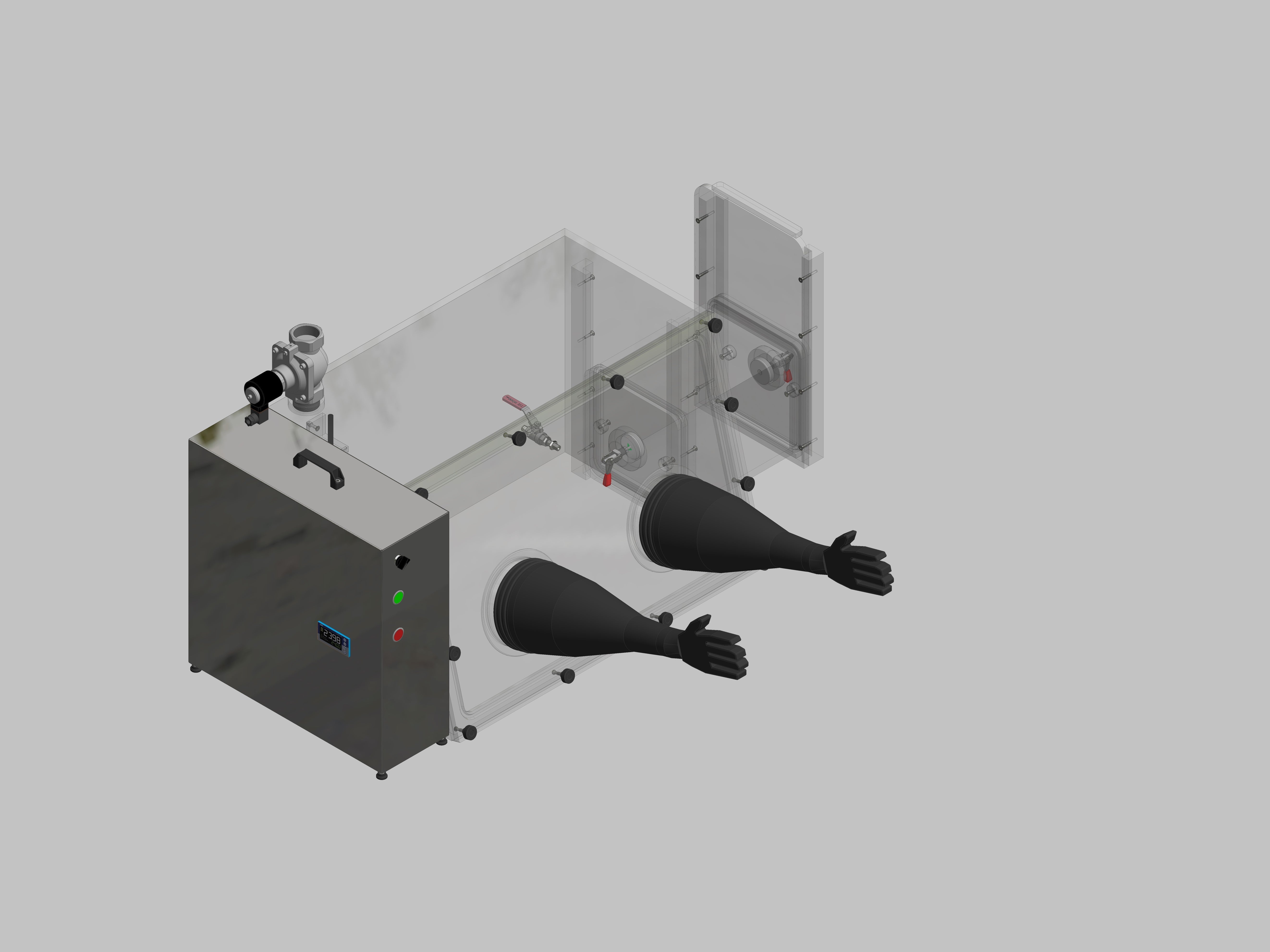 Glovebox aus Acryl> Gasbefüllung: Spülautomatik mit Druckregelung, Frontausführung: abnehmbar Seitenausführung: Rechteckschleuse