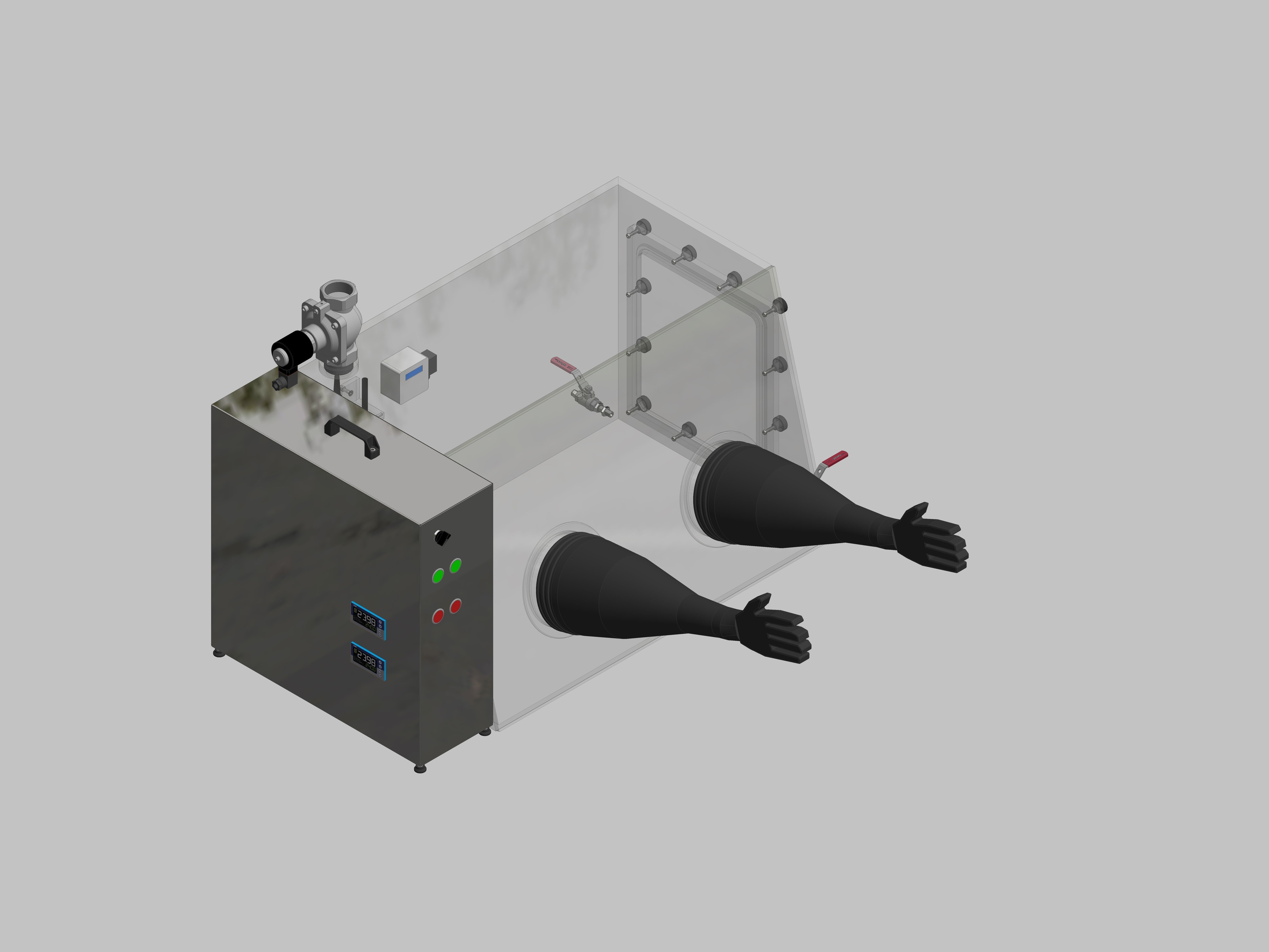 Glovebox aus Acryl> Gasbefüllung: Spülautomatik mit Druckregelung, Frontausführung: Standard, Seitenausführung: Flansch abnehmbar Steuerung: Feuchteregler mit Sauerstoffanzeige