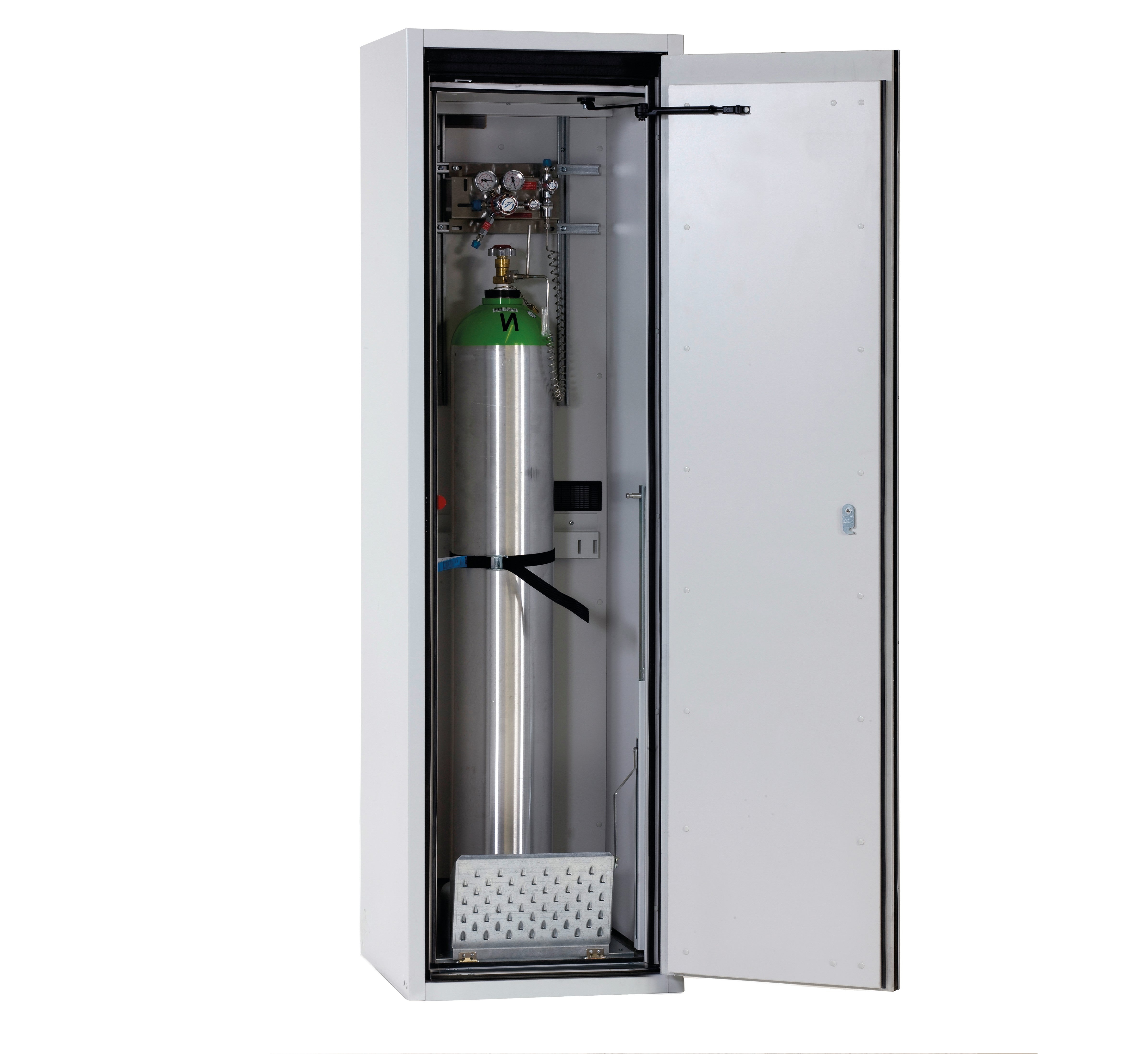 Type 90 compressed gas bottle cabinet G-ULTIMATE-90 model G90.205.060.R in light gray RAL 7035 with comfortable interior fittings for 1x compressed gas bottles of 50 liters each