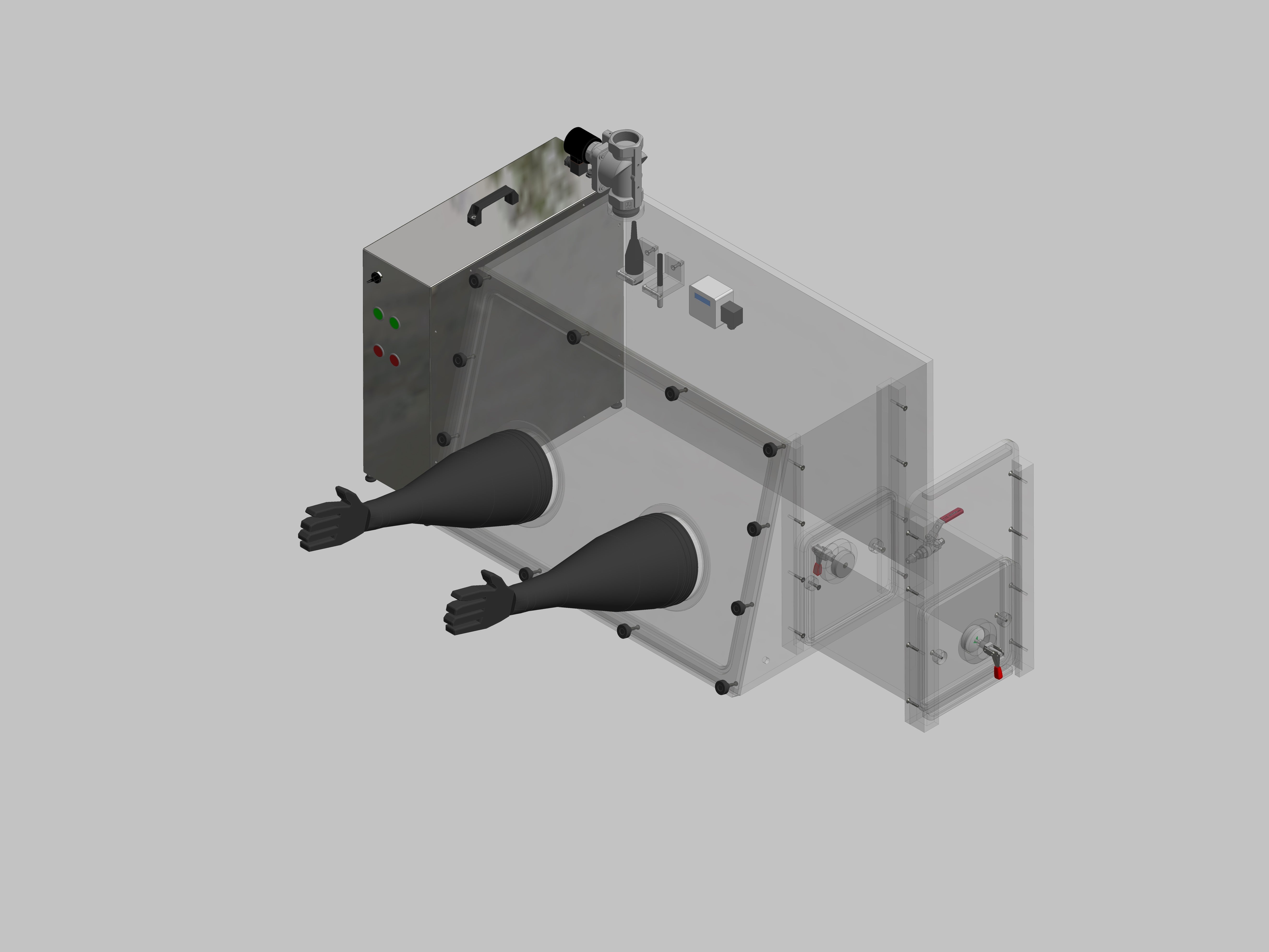 Glovebox aus Acryl> Gasbefüllung: Spülautomatik mit Druckregelung, Frontausführung: abnehmbar Seitenausführung: Rechteckschleuse Steuerung: Sauerstoff-und Feuchteregler mit Datenlogger